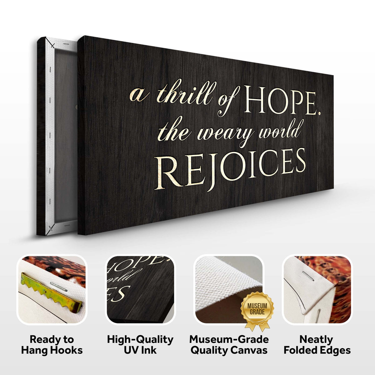 A Thrill Of Hope The Weary World Rejoices Sign II canvas with dark wood grain and ivory script on Tampa Home & Garden Store