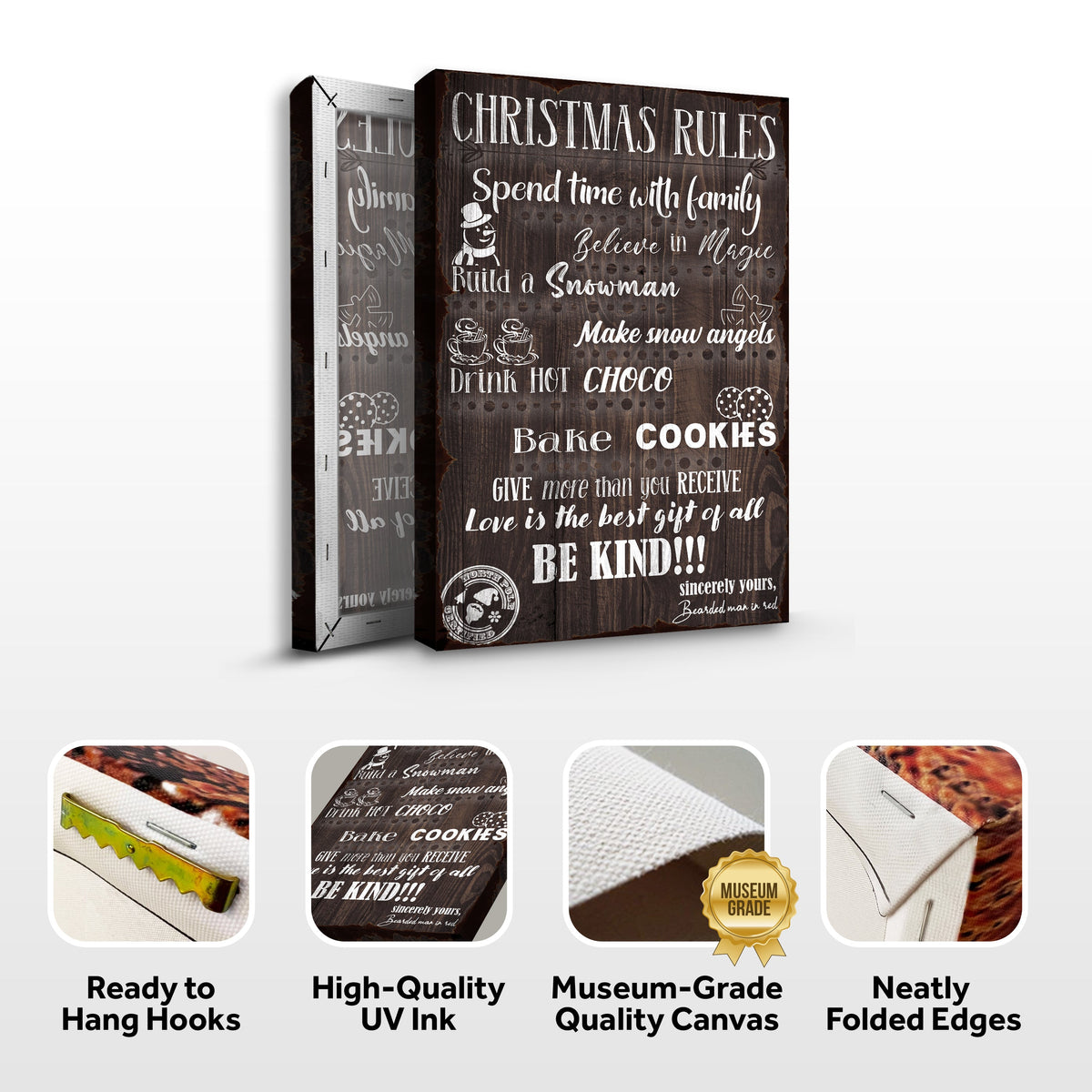Christmas Rules Sign canvas with rustic wood background and white script by Tailored Canvases on Tampa Home & Garden Store