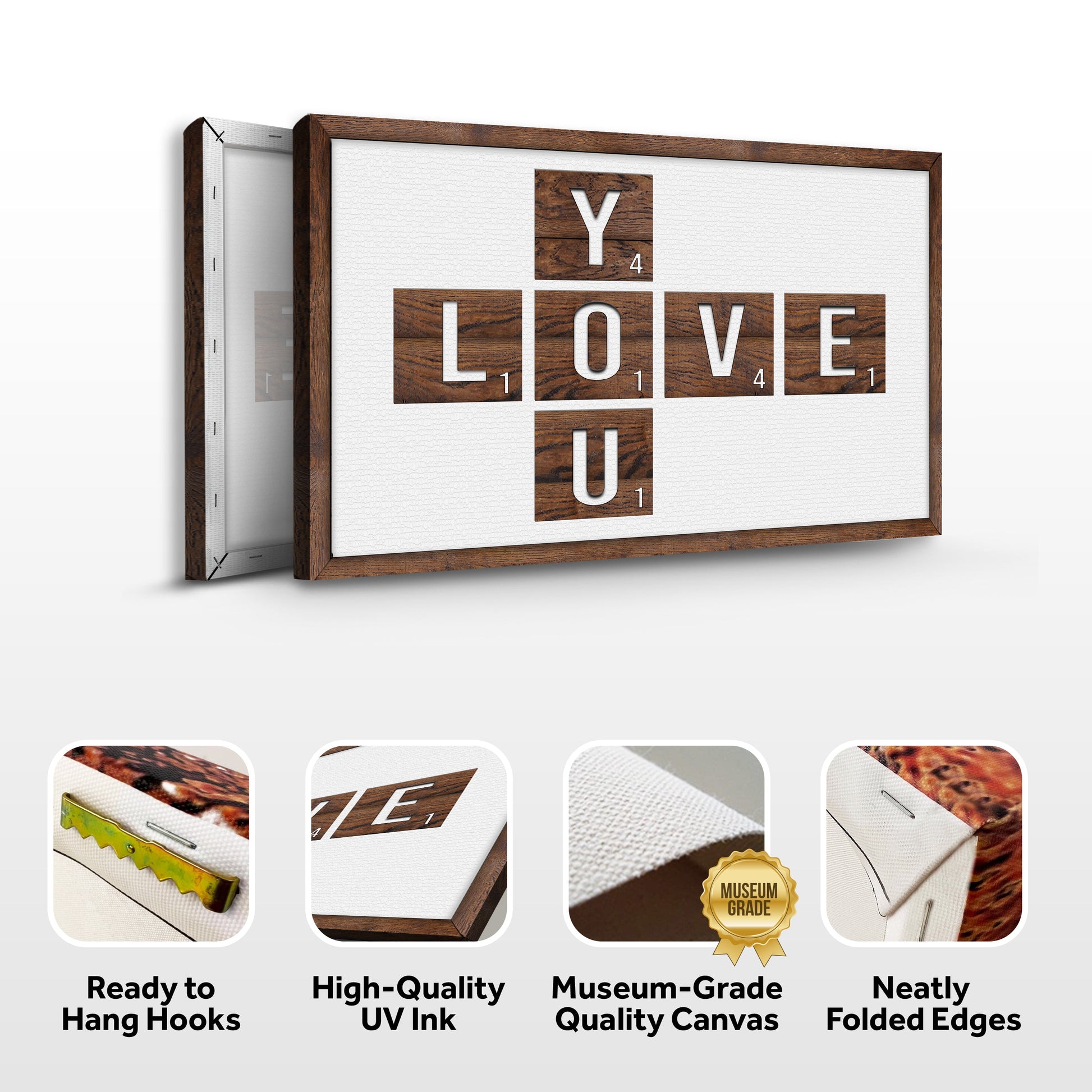 Valentine Love You Sign canvas with wood-block letters spelling LOVE YOU in a brown frame on Tampa Home & Garden Store