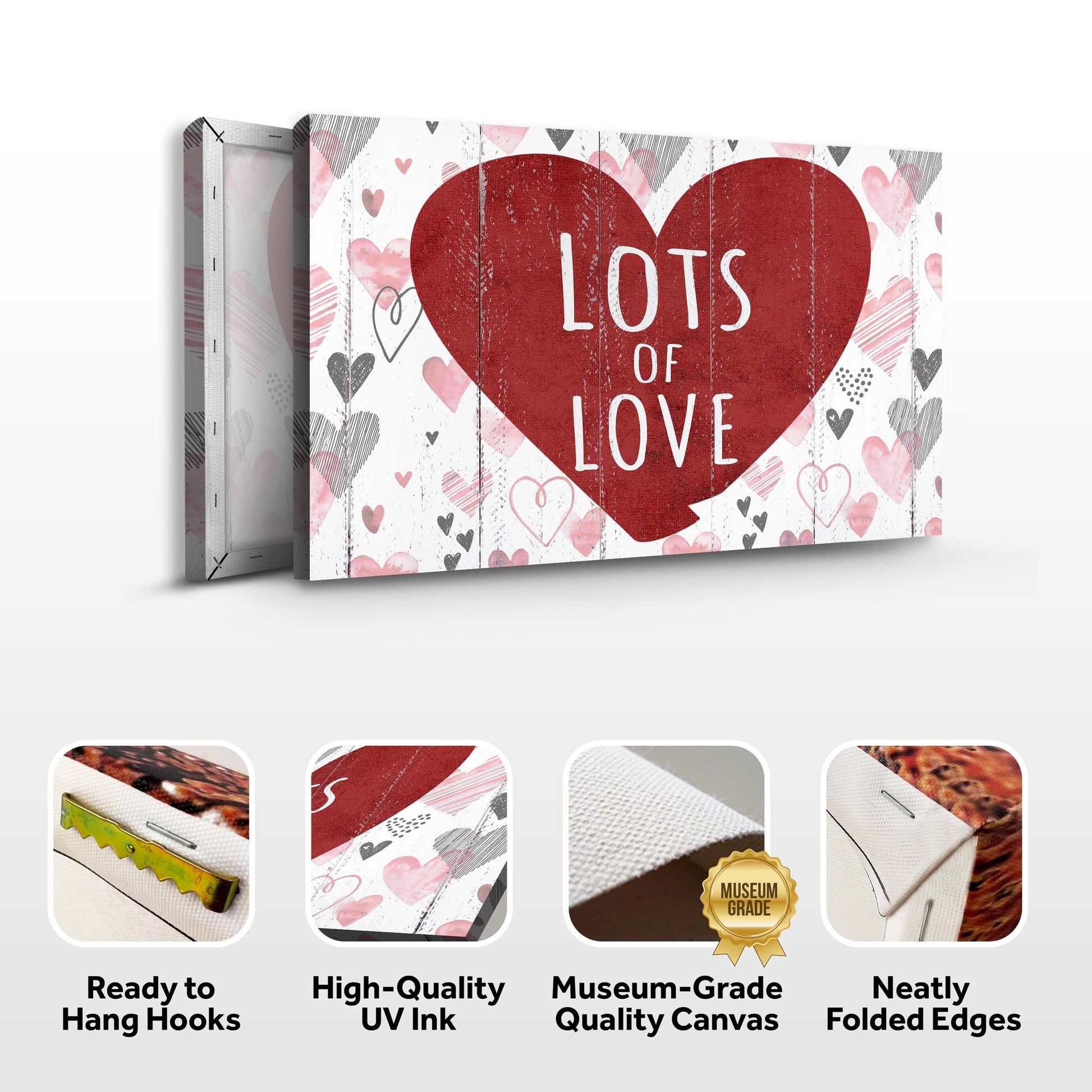 Canvas sign Valentine Lots Of Love by Tailored Canvases featuring a red heart on distressed wood on Tampa Home & Garden Store