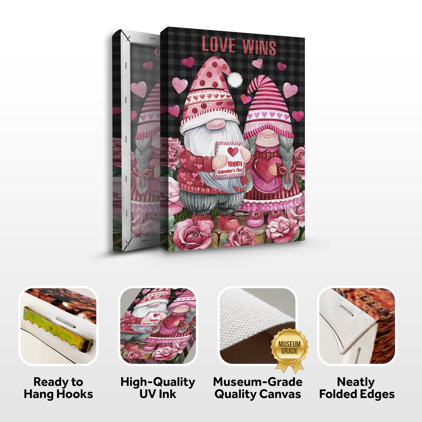 Valentine Gnomes Sign II canvas by Tailored Canvases; gnomes with hearts on plaid bg on Tampa Home & Garden Store