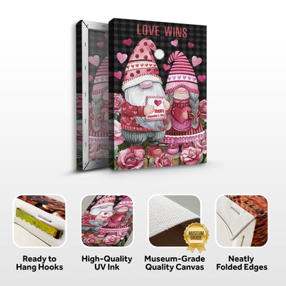 Valentine Gnomes Sign II canvas by Tailored Canvases; gnomes with hearts on plaid bg on Tampa Home & Garden Store