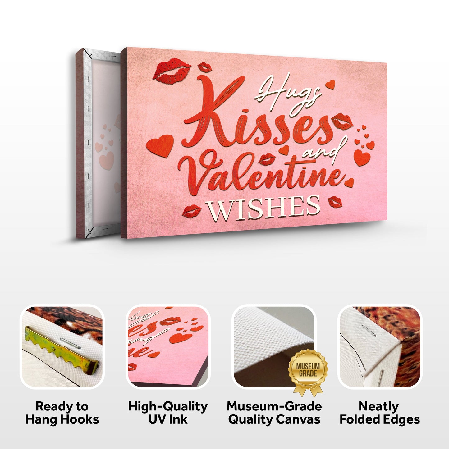Canvas sign Hugs Kisses and Valentine Wishes II red cursive text and lip icons Tailored Canvases on Tampa Home & Garden Store