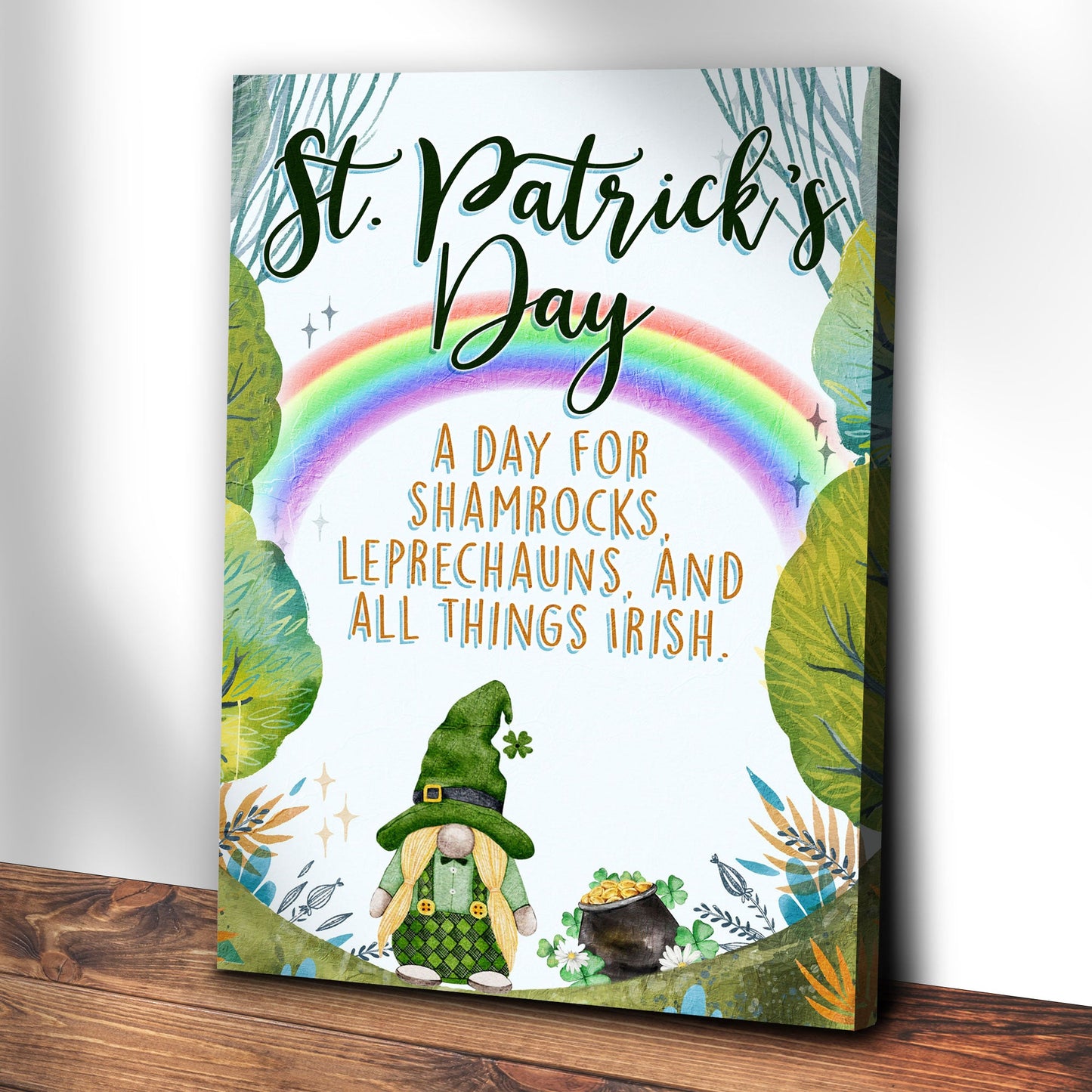 St Patrick's Day Sign canvas by Tailored Canvases with rainbow and leprechaun motif on Tampa Home & Garden Store