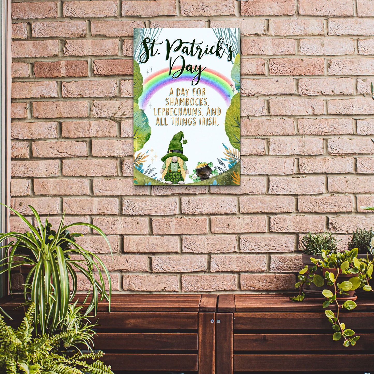 Canvas sign Tailored Canvases St. Patrick's Day design with rainbow arc and leprechaun on Tampa Home & Garden Store