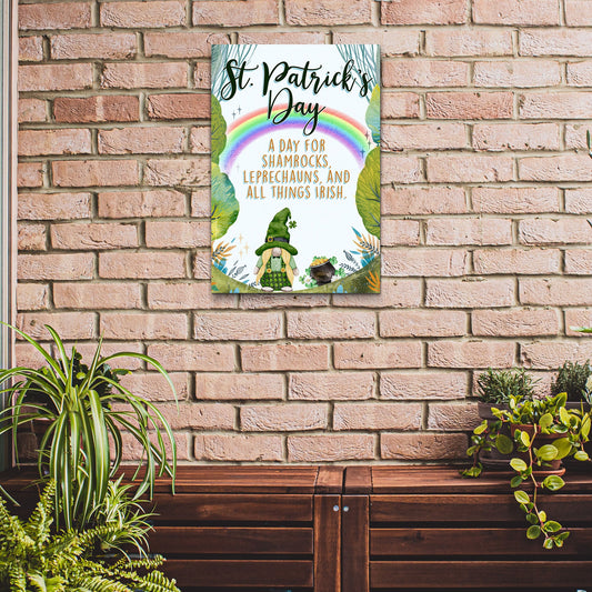 Canvas sign Tailored Canvases St. Patrick's Day design with rainbow arc and leprechaun on Tampa Home & Garden Store