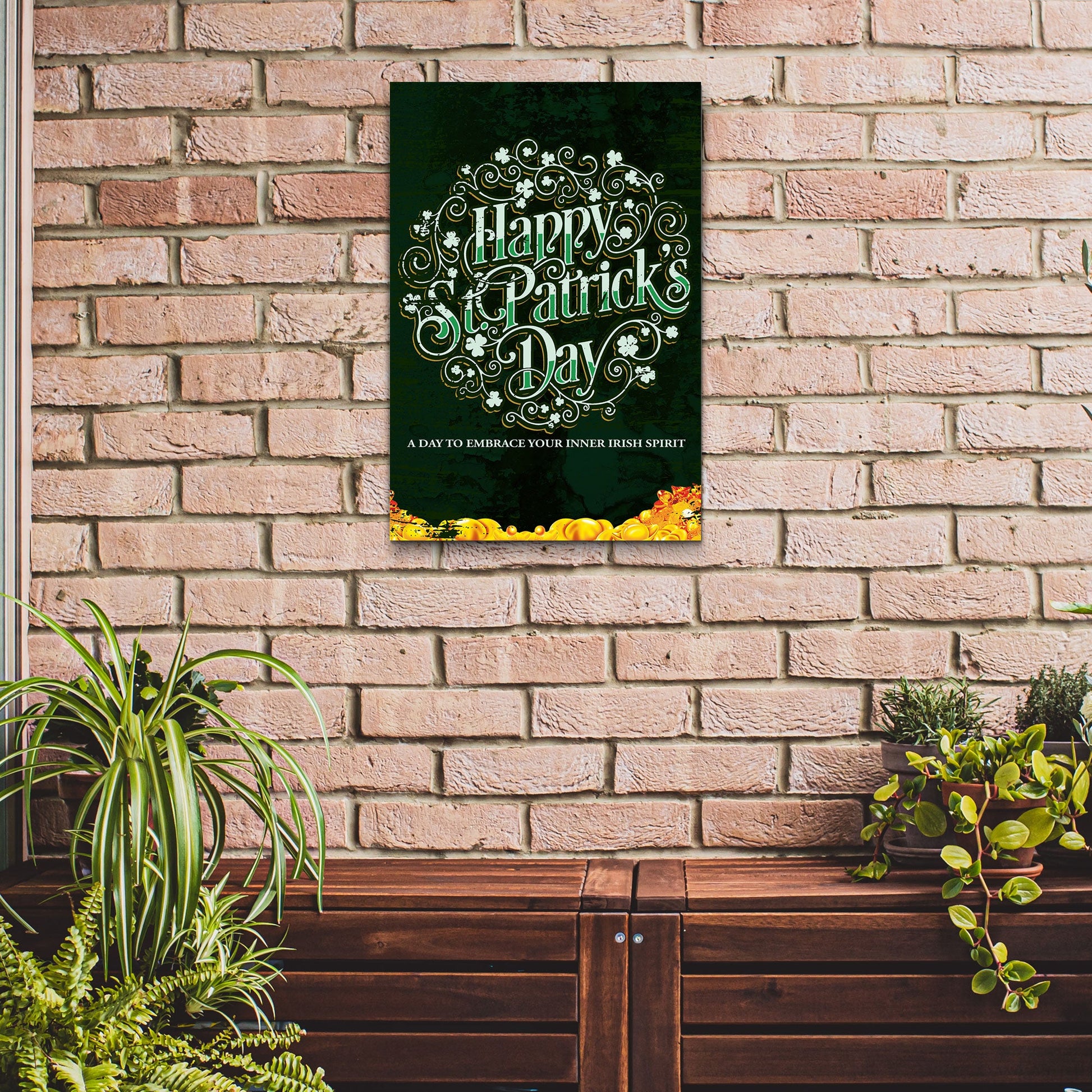 St Patrick's Day canvas sign by Tailored Canvases with ornate white lettering on dark green on Tampa Home & Garden Store