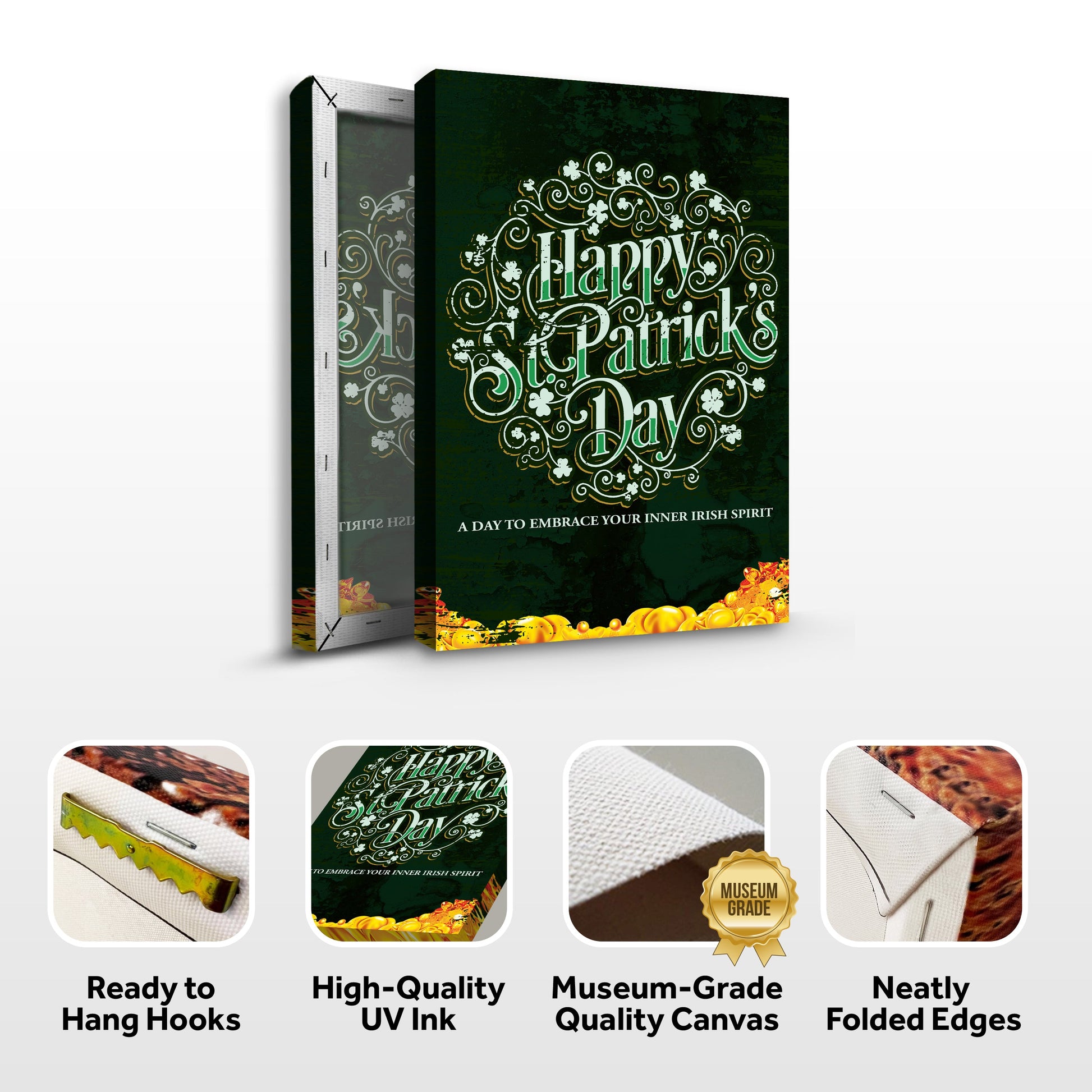 St Patrick's Day canvas sign by Tailored Canvases with ornate green gold flourishes on dark backdrop on Tampa Home & Garden Store
