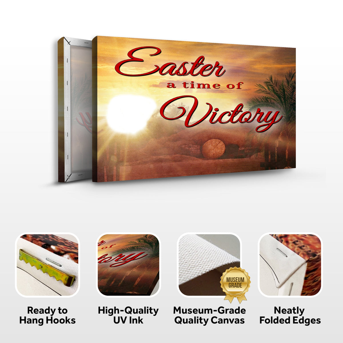 A Time Of Victory Sign Canvas by Tailored Canvases with red script on sunset background on Tampa Home & Garden Store
