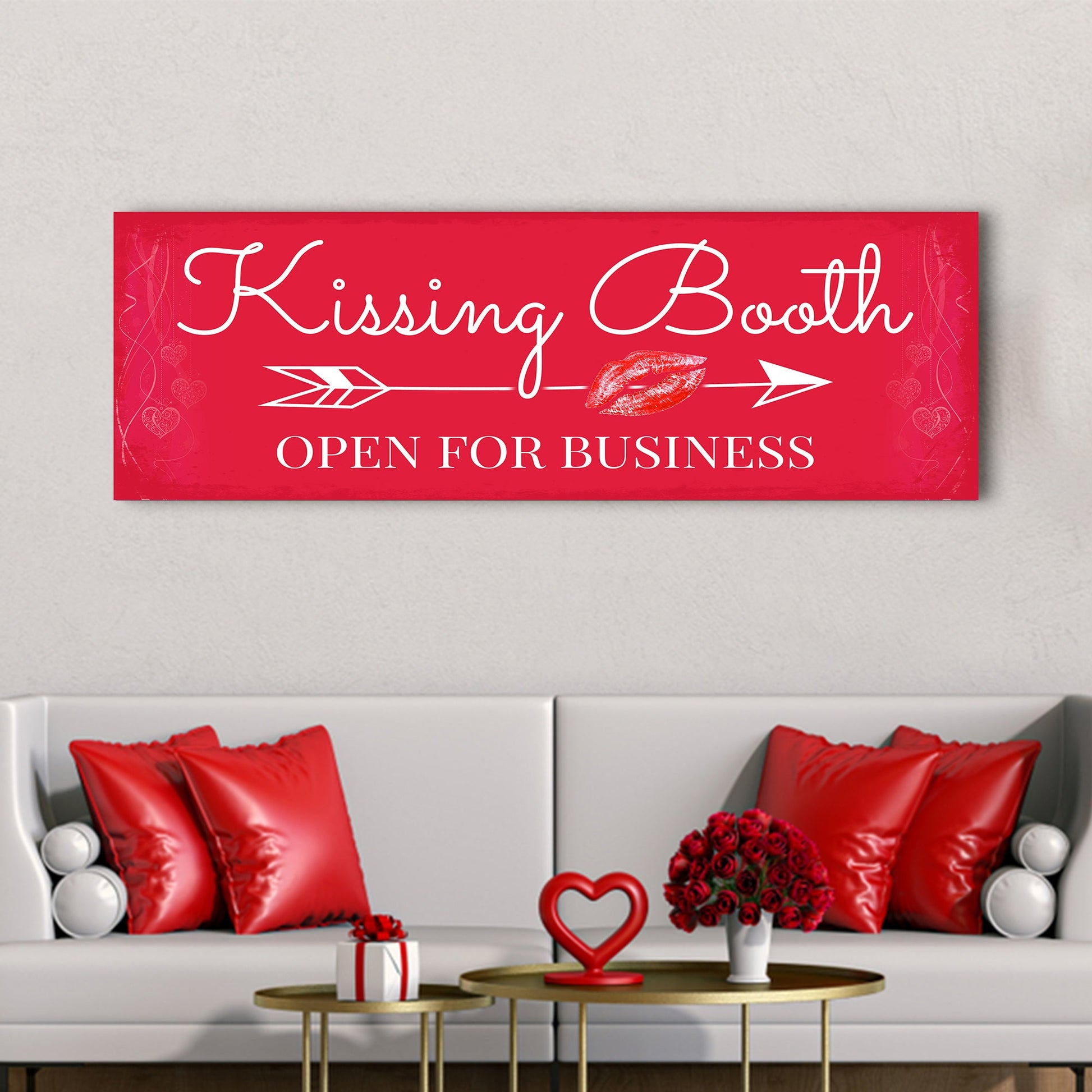 Kissing Booth canvas sign red with white script Open For Business lip kiss Tailored Canvases on Tampa Home & Garden Store