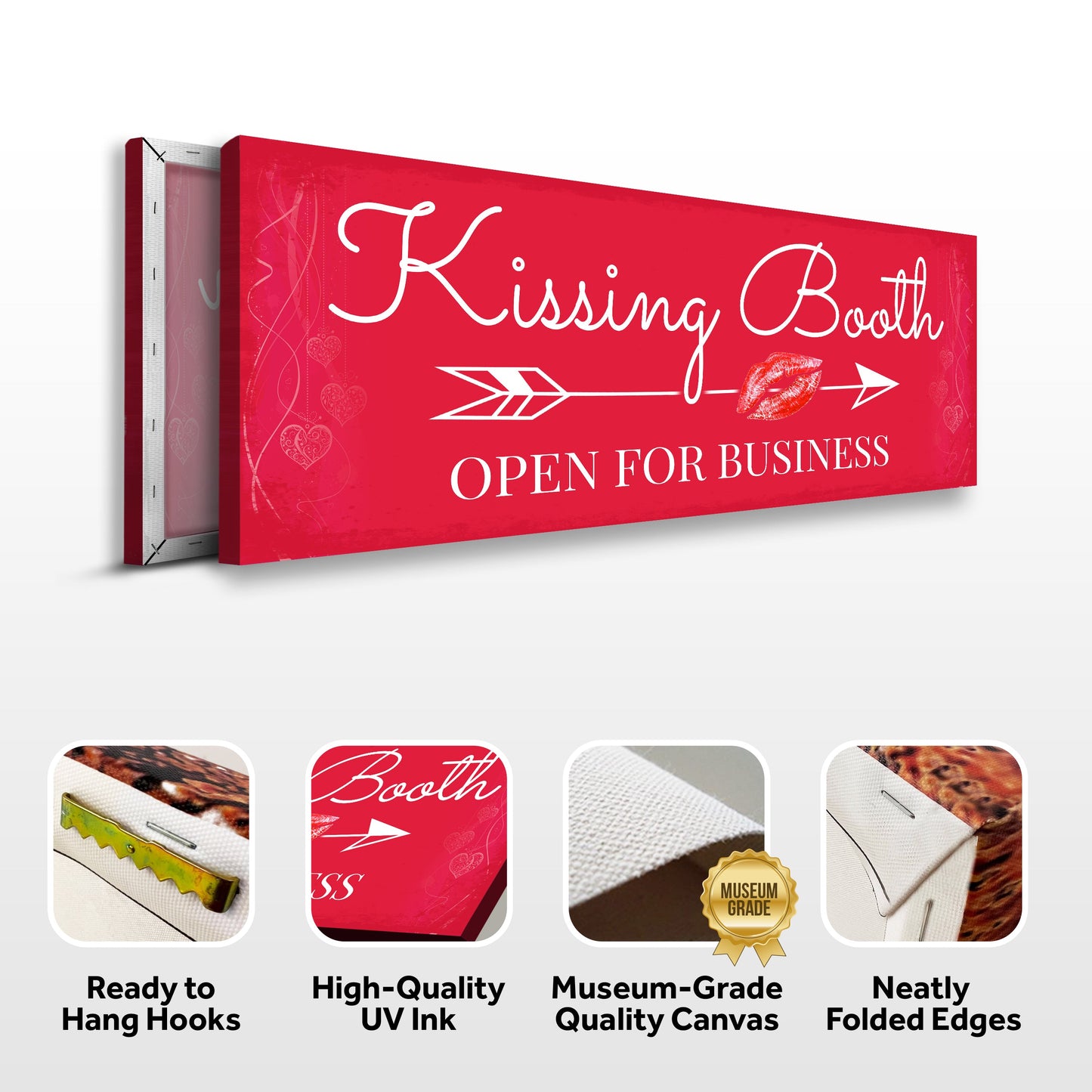 Kissing Booth canvas sign red with white cursive 'Open For Business' and arrow motif on Tampa Home & Garden Store