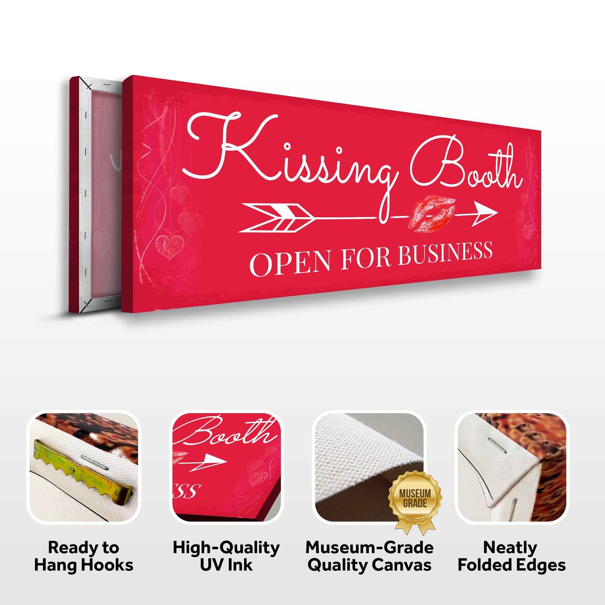 Kissing Booth canvas sign red with white cursive 'Open For Business' and arrow motif on Tampa Home & Garden Store