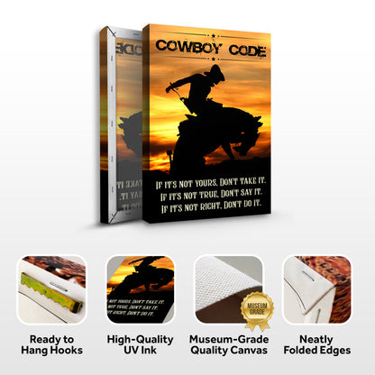 Canvas art Cowboy Code Sign II by Tailored Canvases crafting canvas rider on horseback at sunset on Tampa Home & Garden Store