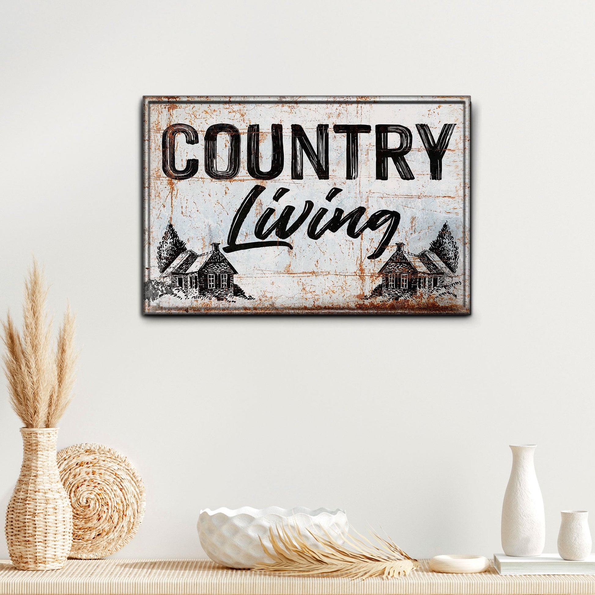 Country Living canvas sign by Tailored Canvases with rustic weathered texture on Tampa Home & Garden Store