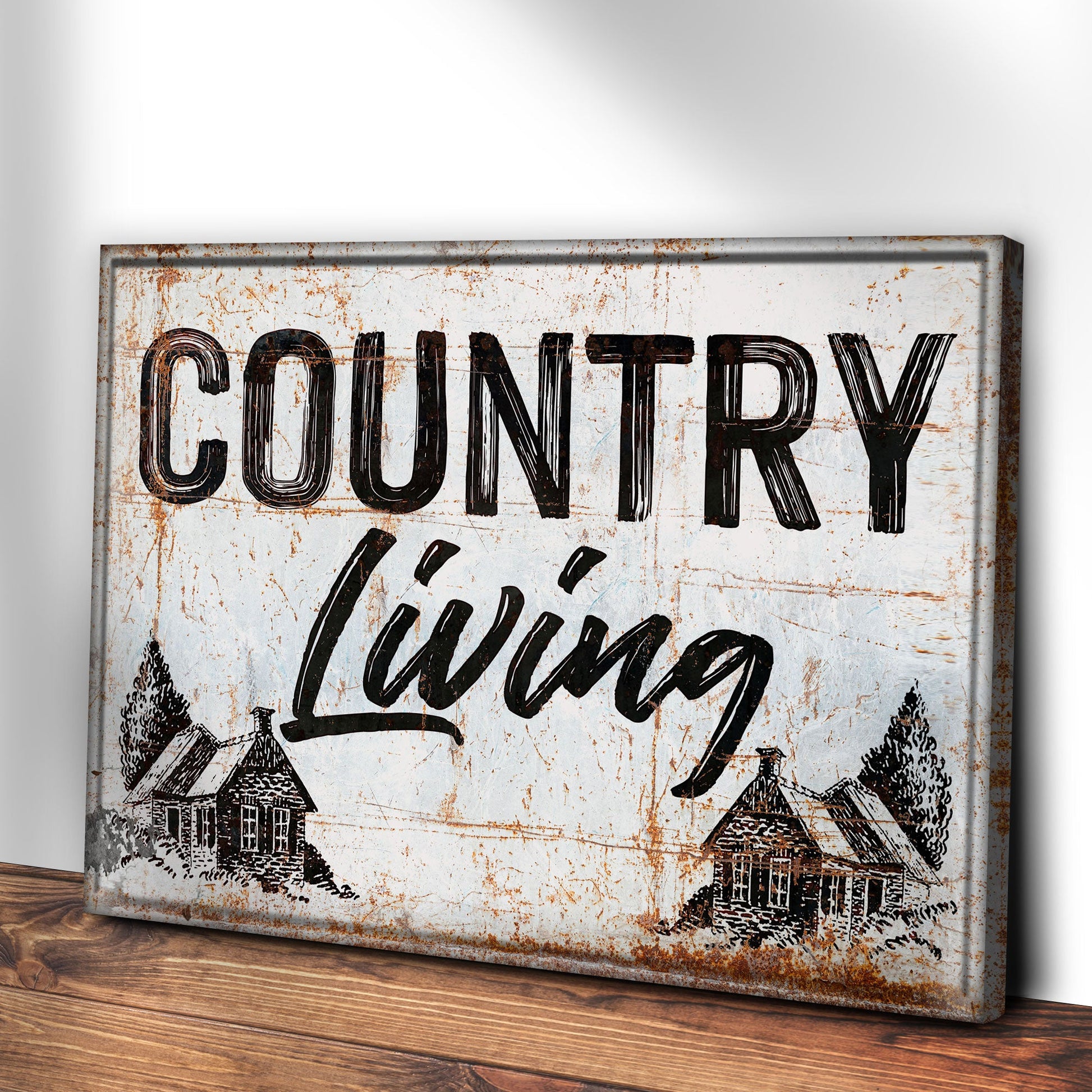 Country Living Sign canvas print featuring rust-streaked border and farmhouse illustration on Tampa Home & Garden Store