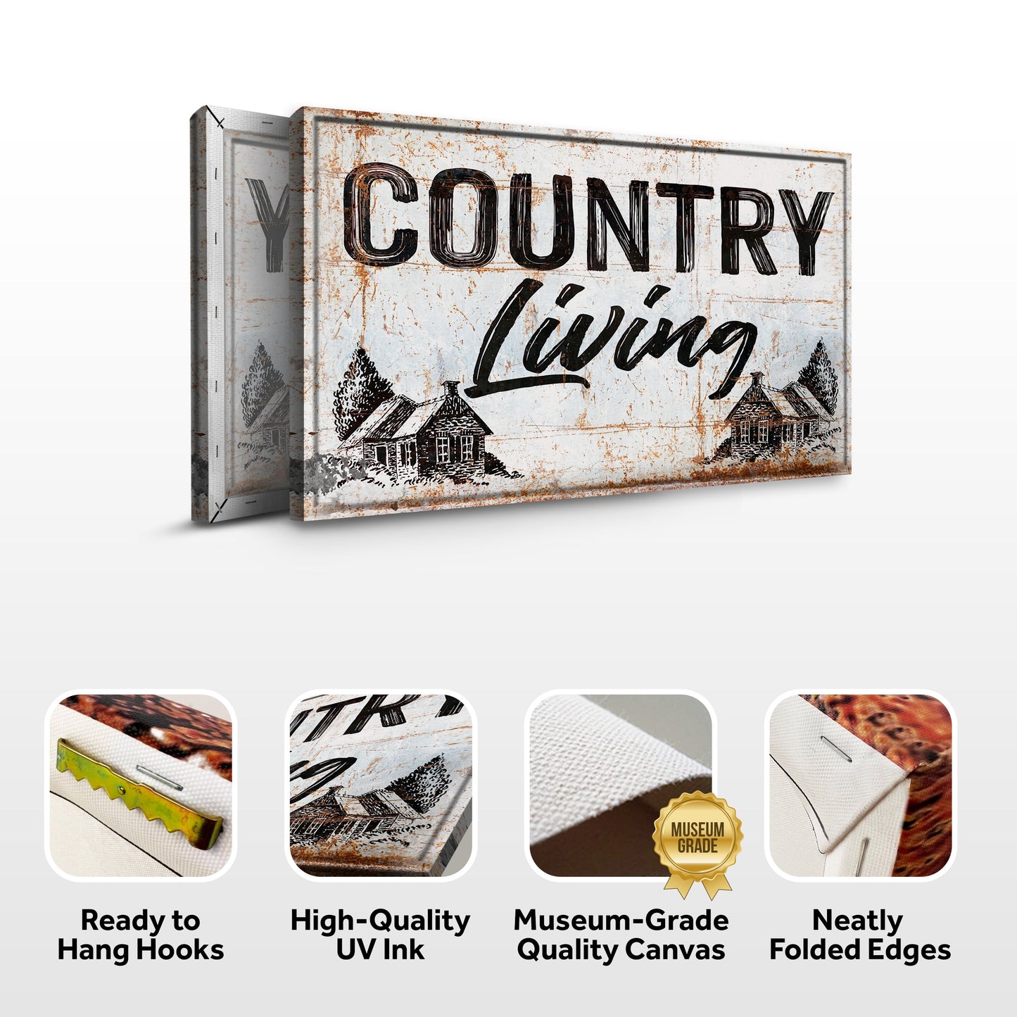 Country Living Sign canvas by Tailored Canvases, rustic vintage sign with village houses on Tampa Home & Garden Store