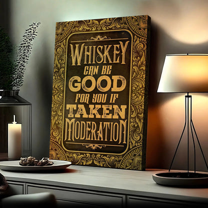 Whiskey Sign II crafting canvas with ornate gold filigree border in a room by Tailored Canvases on Tampa Home & Garden Store