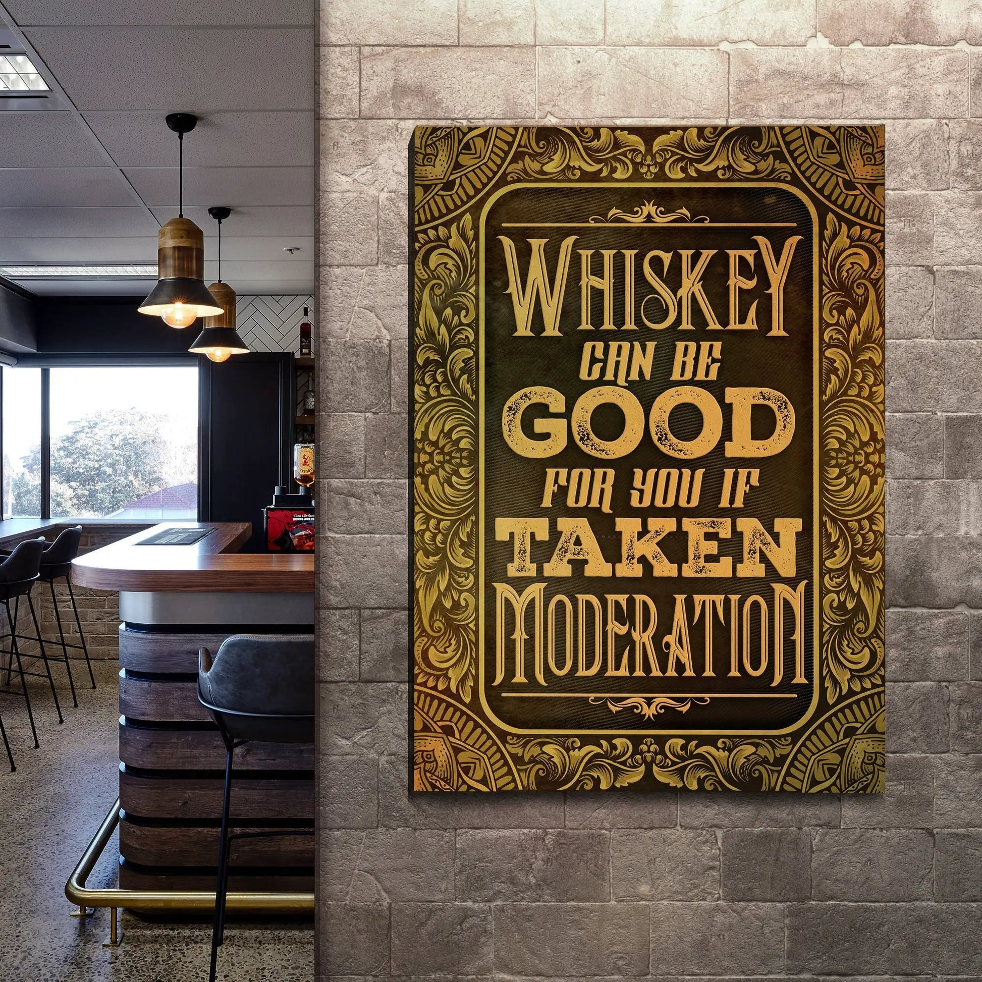 Whiskey Sign II by Tailored Canvases gold lettering on dark background mounted to stone wall on Tampa Home & Garden Store