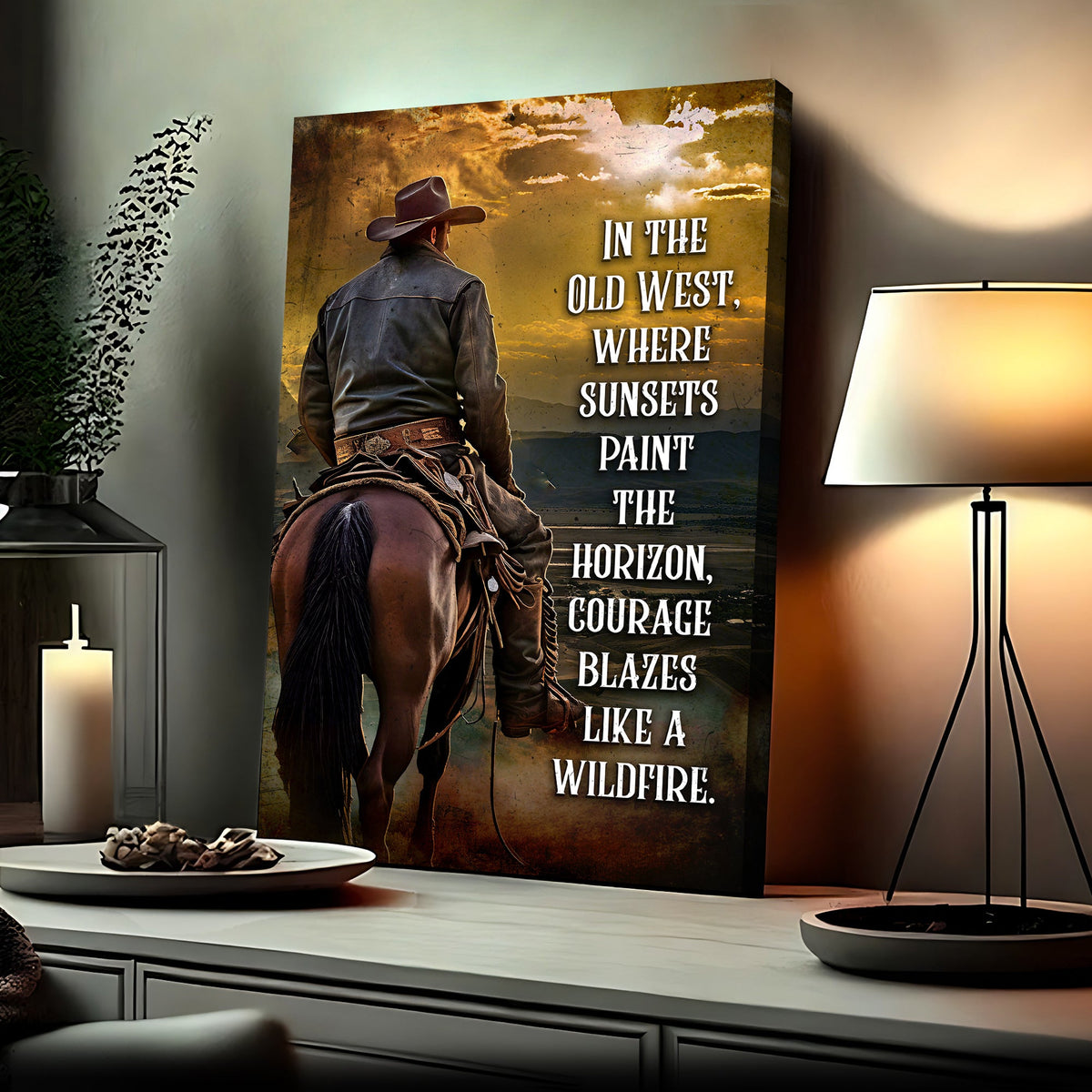 Canvas Like A Wildfire In The Old West Sign featuring a cowboy on horseback at sunset on Tampa Home & Garden Store