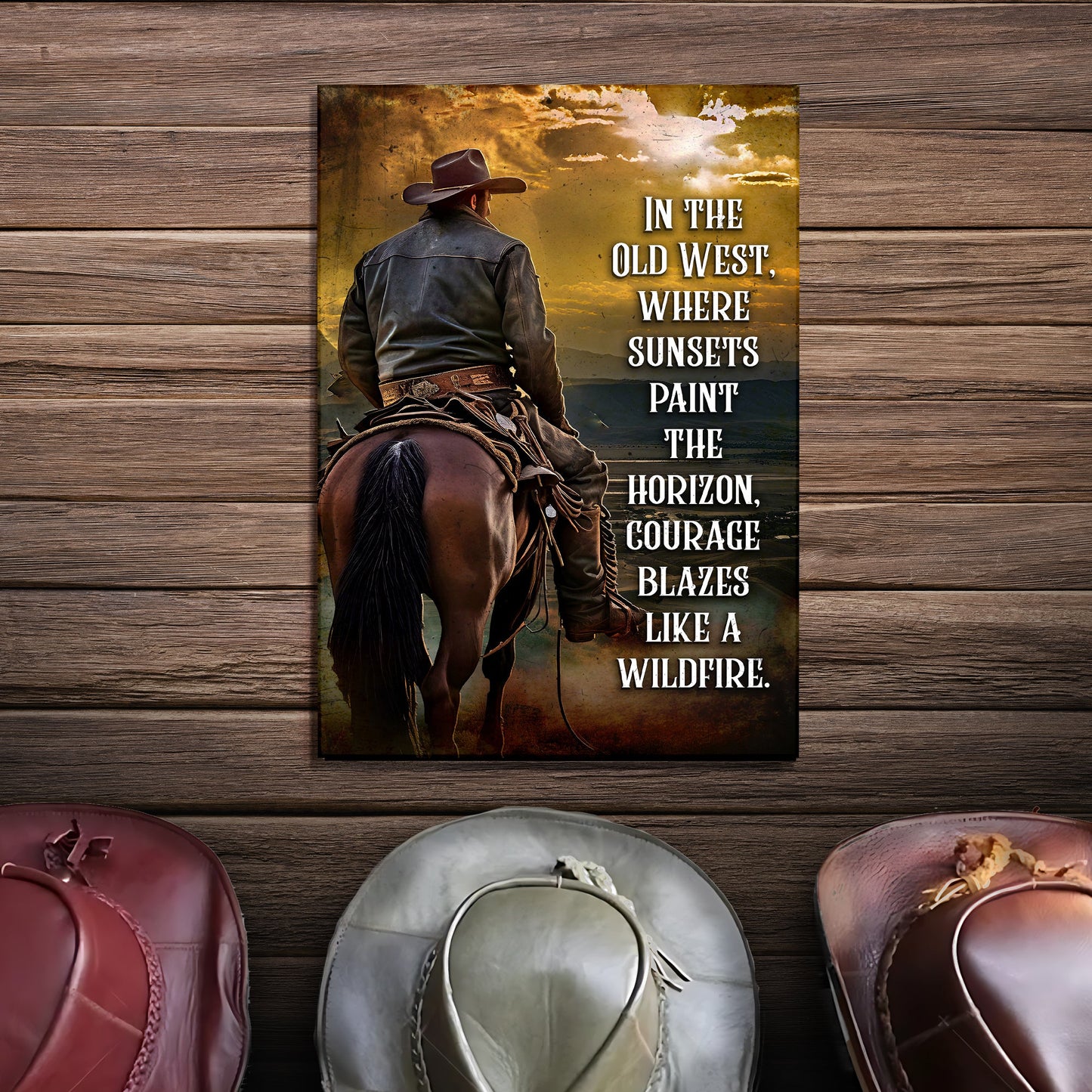 Like A Wildfire In The Old West Sign canvas with a cowboy on horseback at sunset on Tampa Home & Garden Store
