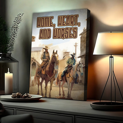 Canvas sign Home, Hearts, And Horses Western sayings by Tailored Canvases with cowboy scene on Tampa Home & Garden Store