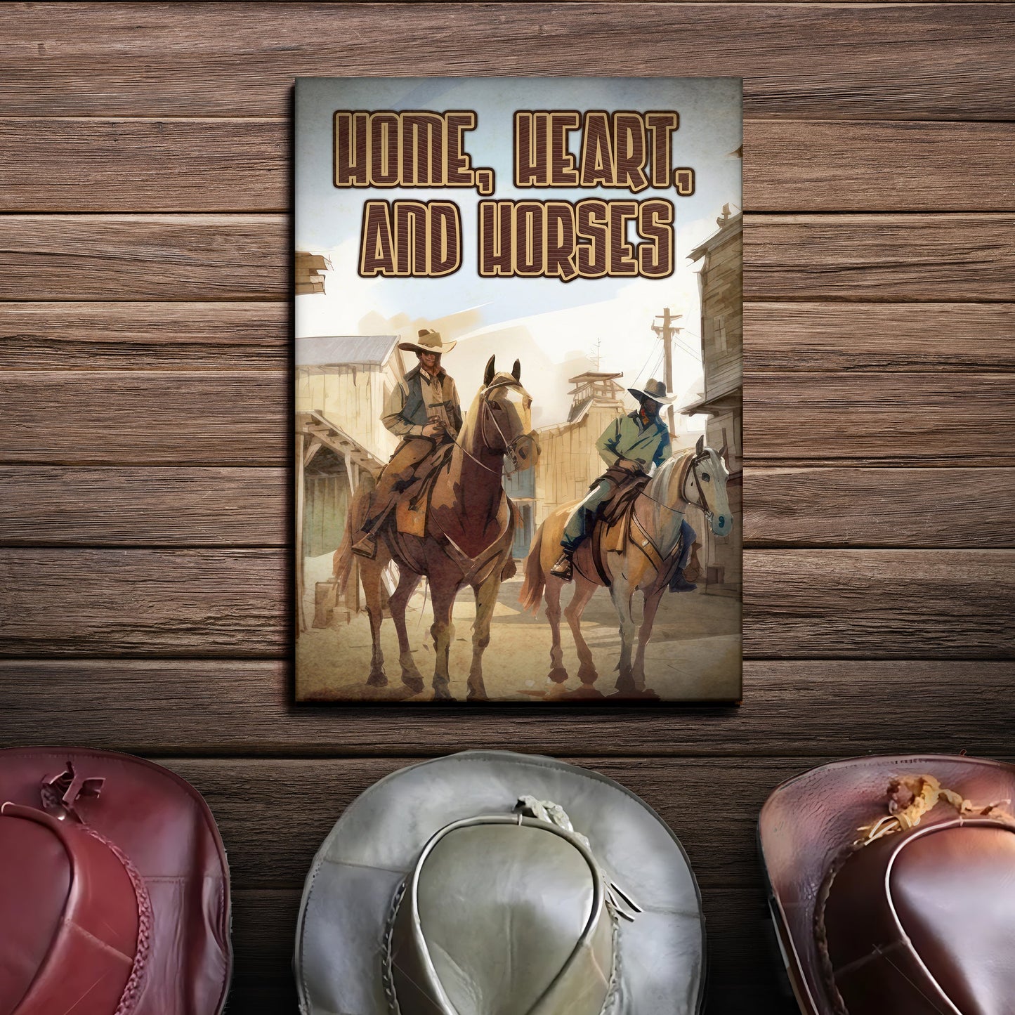 Canvas art Home, Hearts, And Horses western sayings with brown letters and cowboy town scene on Tampa Home & Garden Store