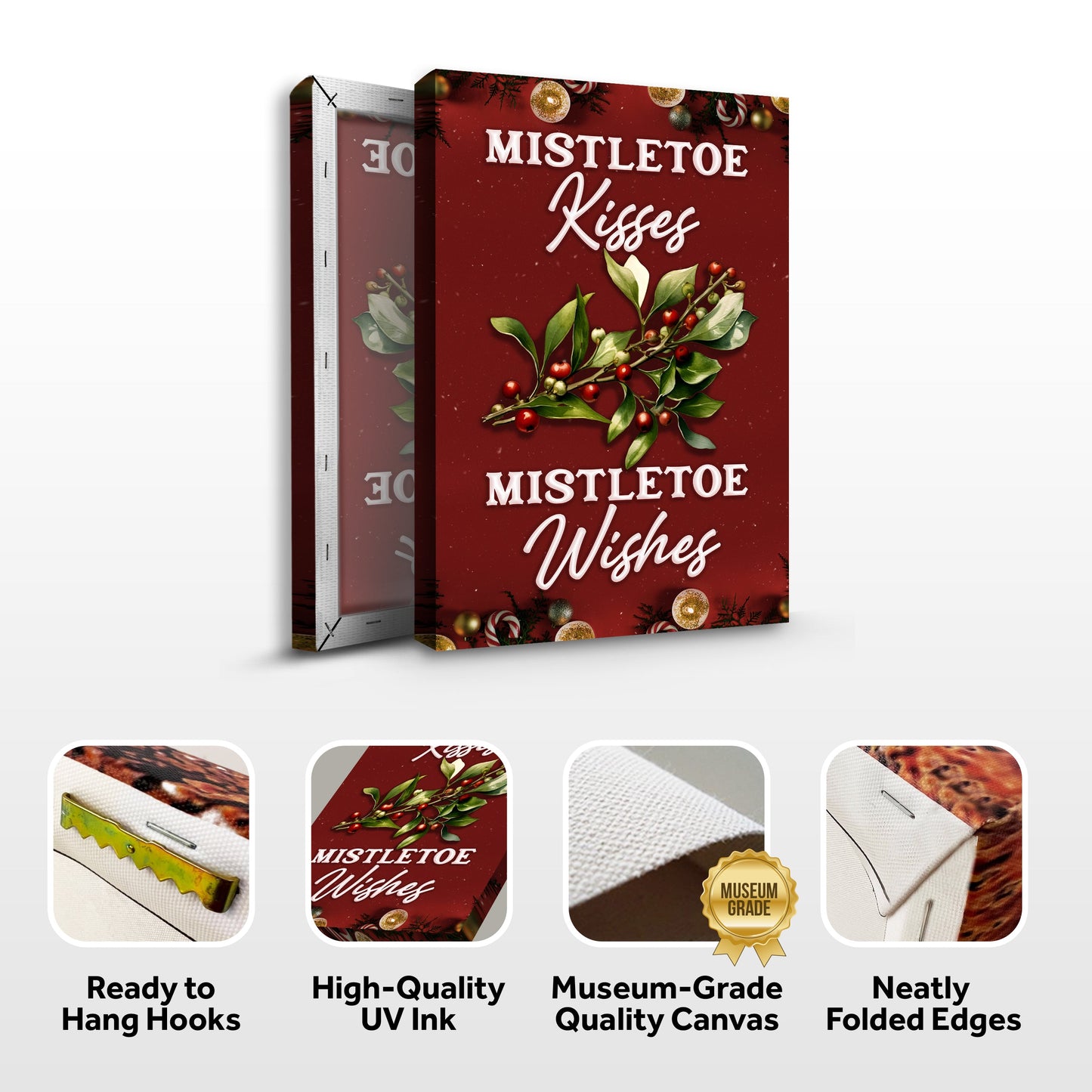 Kisses And Wishes Mistletoe Sign canvas by Tailored Canvases, red holiday crafting canvas with holly on Tampa Home & Garden Store