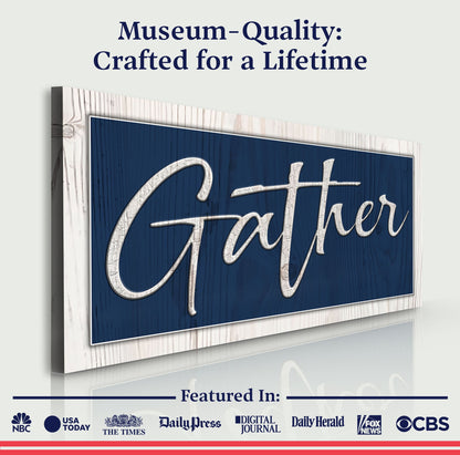 Gather Sign XIV crafting canvas by Tailored Canvases with blue panel and white script text on Tampa Home & Garden Store