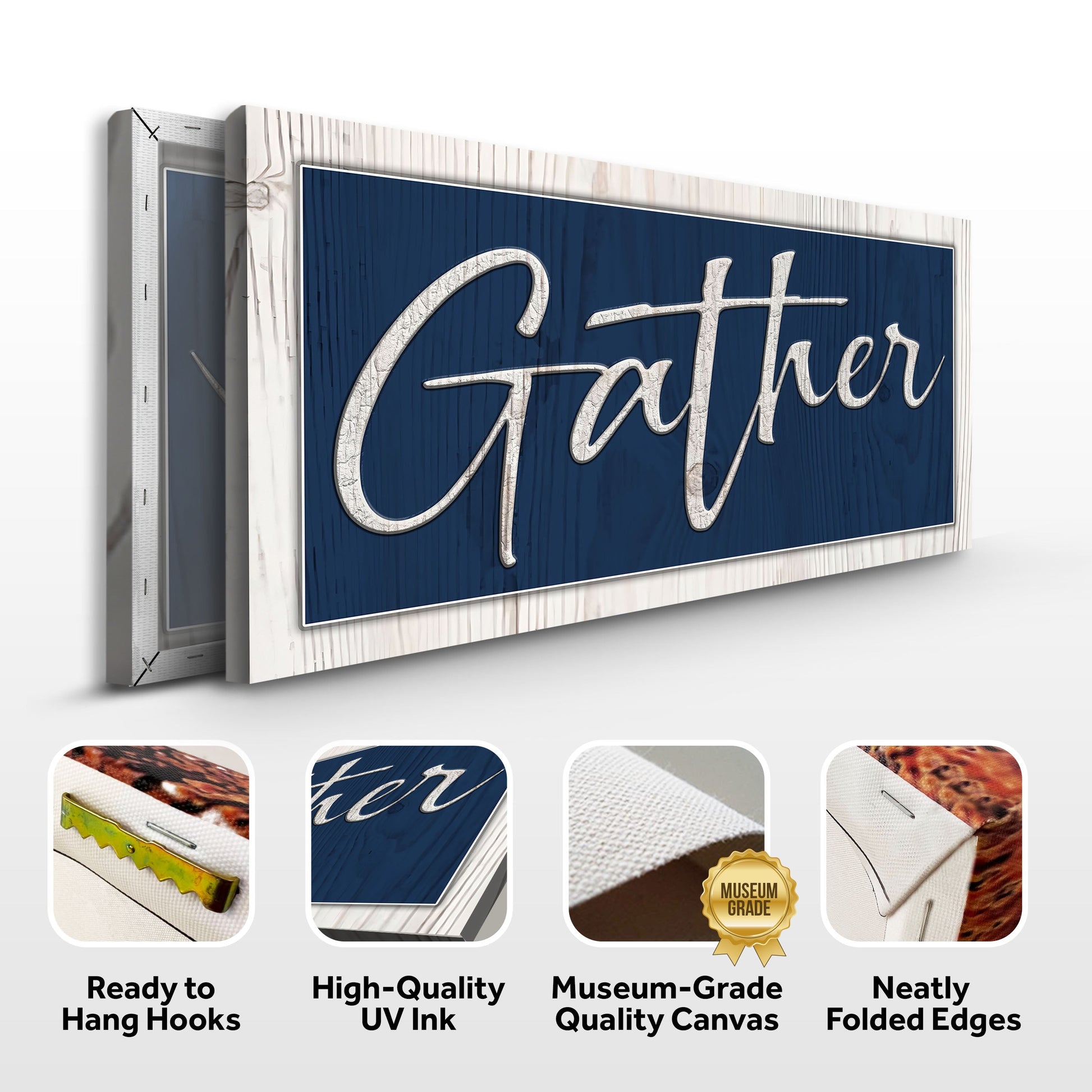 Gather Sign XIV canvas crafting sign in blue panel with white script lettering by Tailored Canvases on Tampa Home & Garden Store