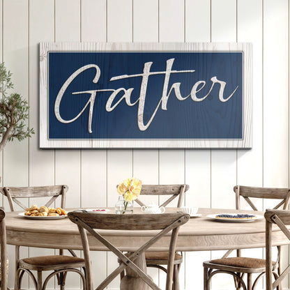 Gather Sign XIV canvas with navy background and white scripted text, framed white wood on Tampa Home & Garden Store