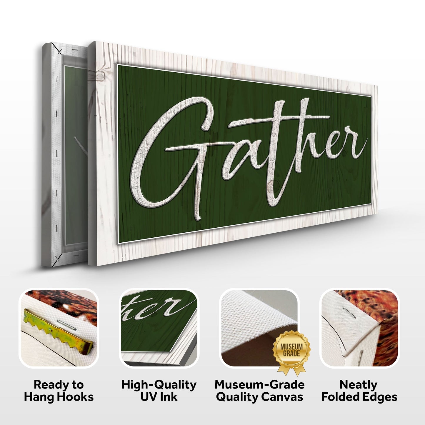 Gather Sign XVI canvas by Tailored Canvases; green sign with Gather Here script on white frame on Tampa Home & Garden Store