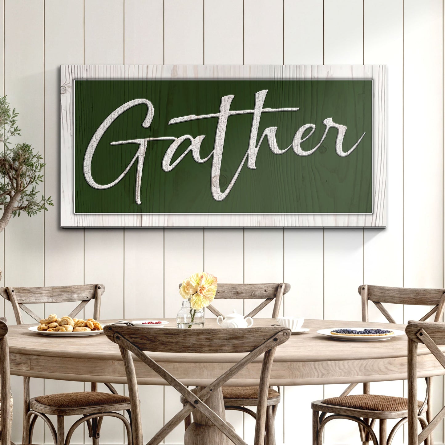 Gather Sign XVI canvas by Tailored Canvases, green panel with white script on Tampa Home & Garden Store