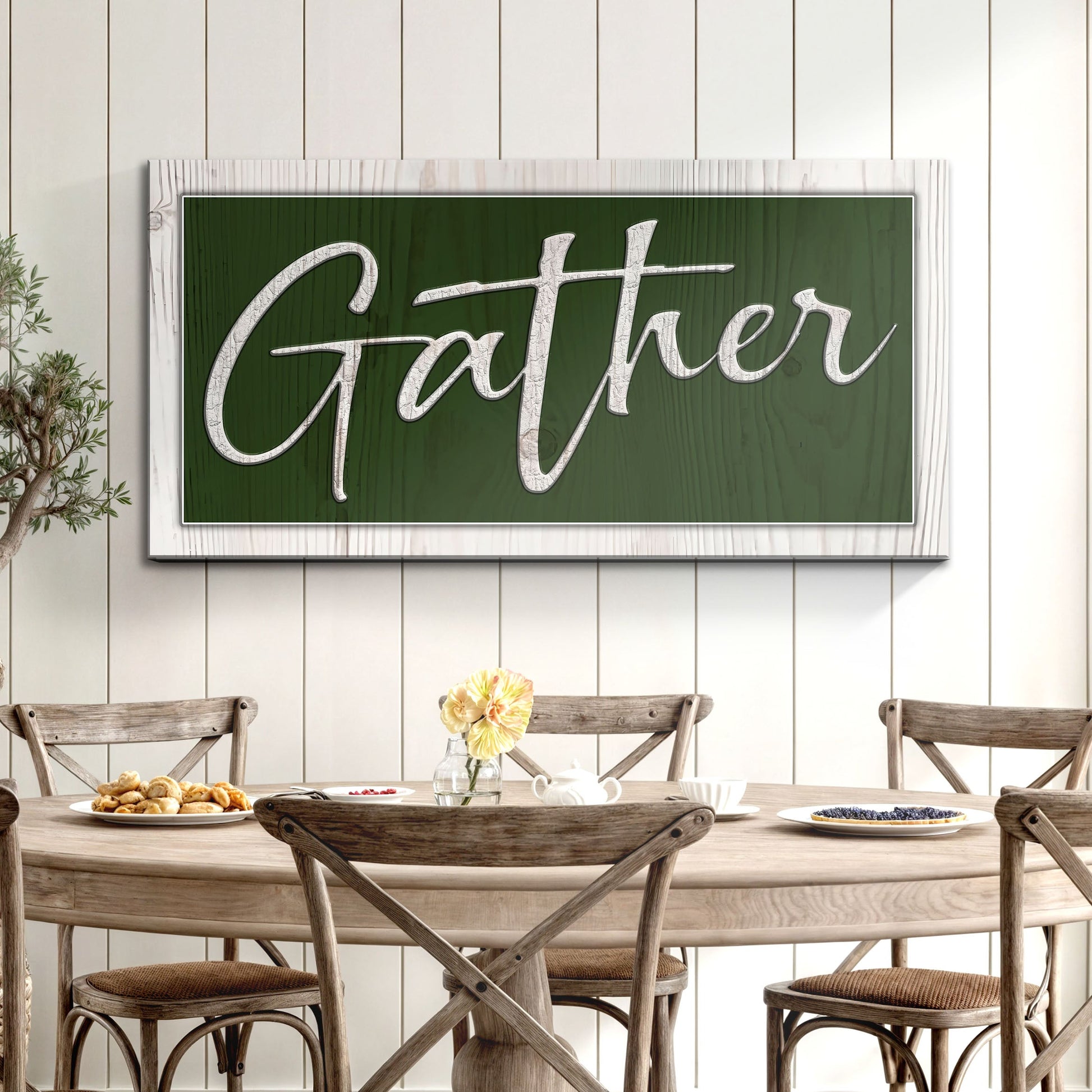 Gather Sign XVI canvas by Tailored Canvases, green panel with white script on Tampa Home & Garden Store