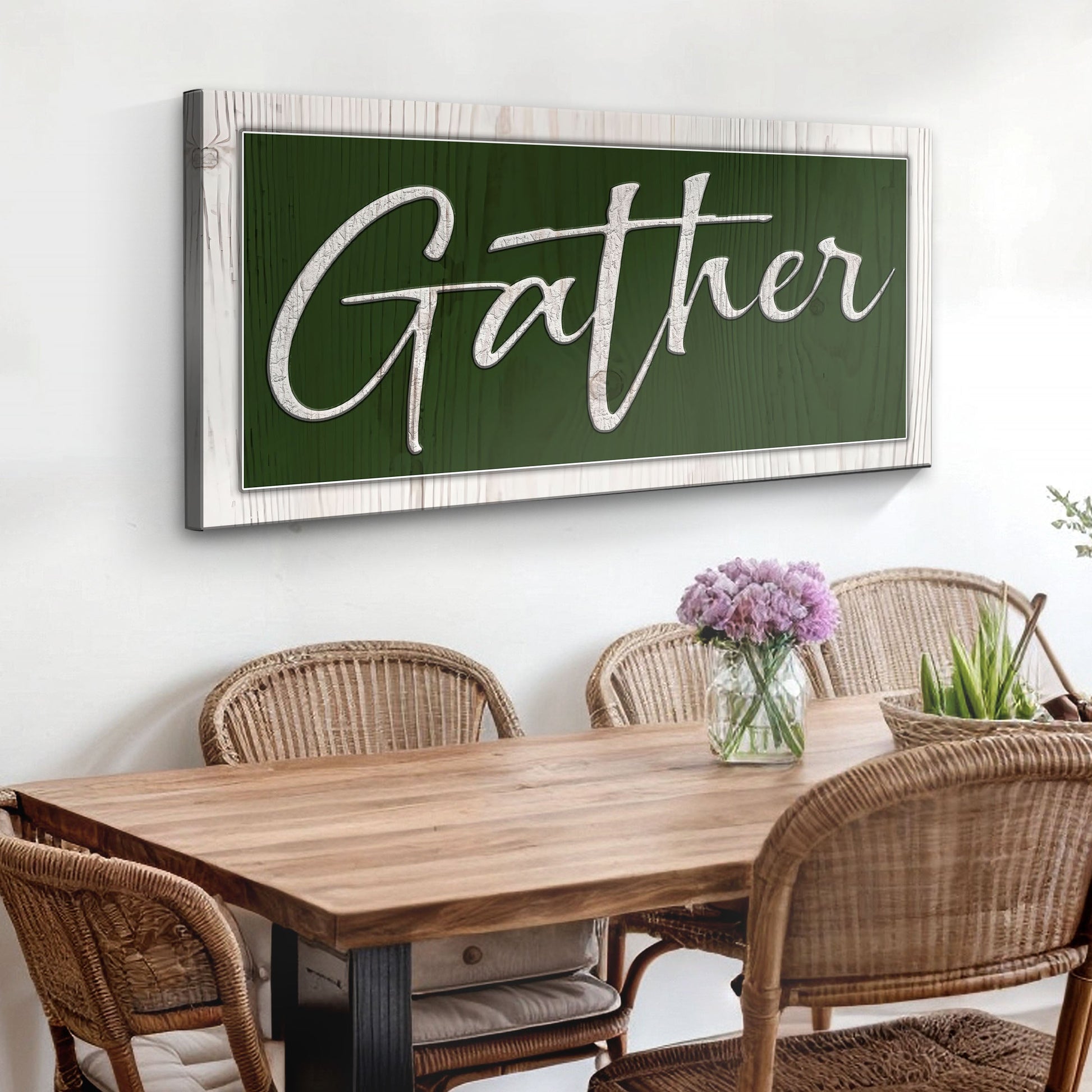 Canvas Gather Sign XVI crafting sign with green background and white script on wood frame on Tampa Home & Garden Store
