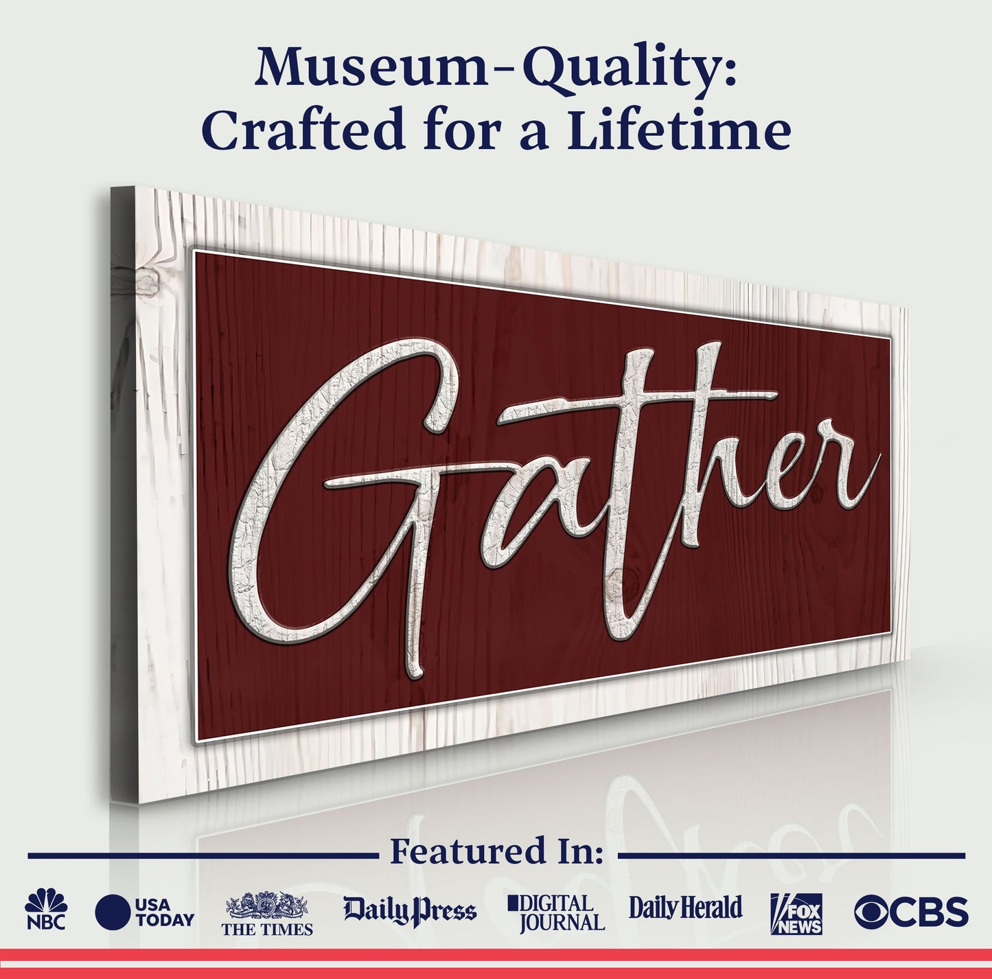 Gather Sign XVII canvas by Tailored Canvases with burgundy panel and white cursive text on Tampa Home & Garden Store