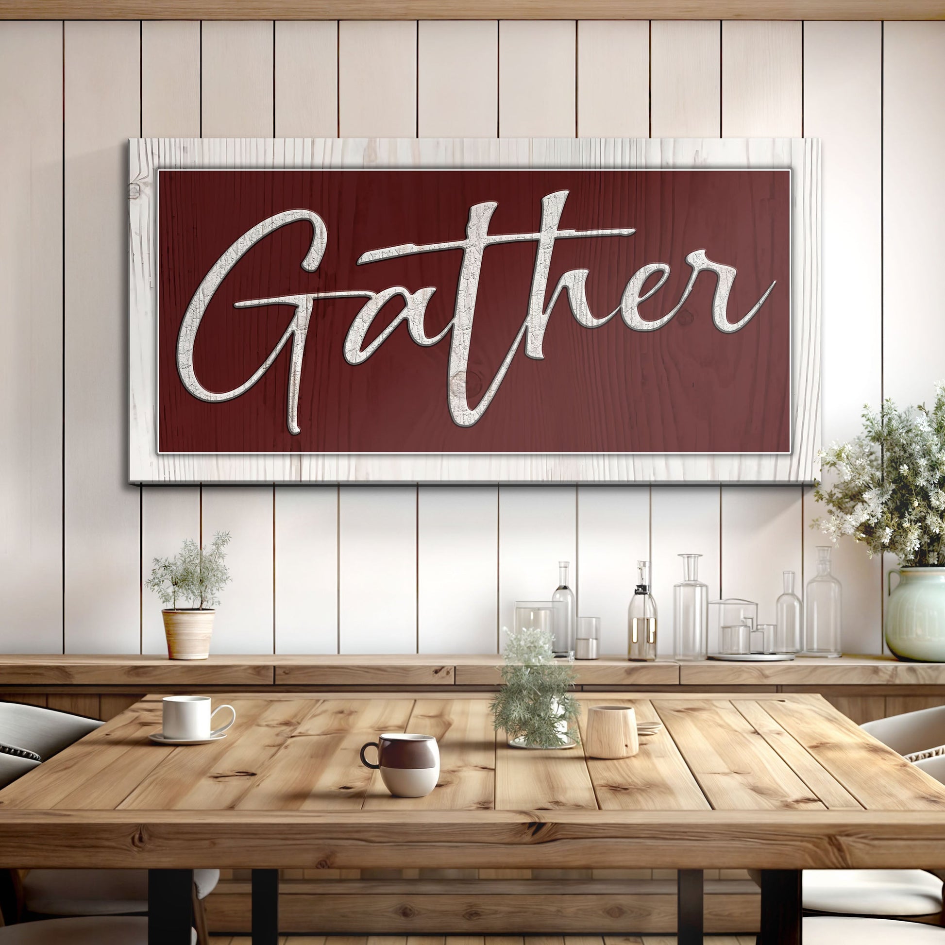 Gather Sign XVII canvas sign burgundy panel white frame Tailored Canvases on Tampa Home & Garden Store