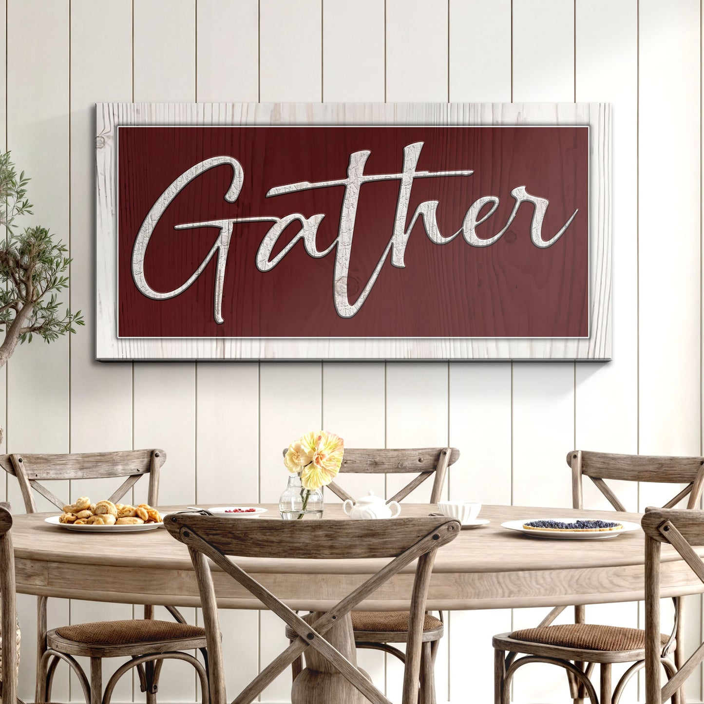 Gather Sign XVII canvas sign with maroon background and white script by Tailored Canvases on Tampa Home & Garden Store