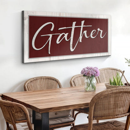 Gather Sign XVII canvas maroon panel with silver script, Tailored Canvases crafting canvas on Tampa Home & Garden Store