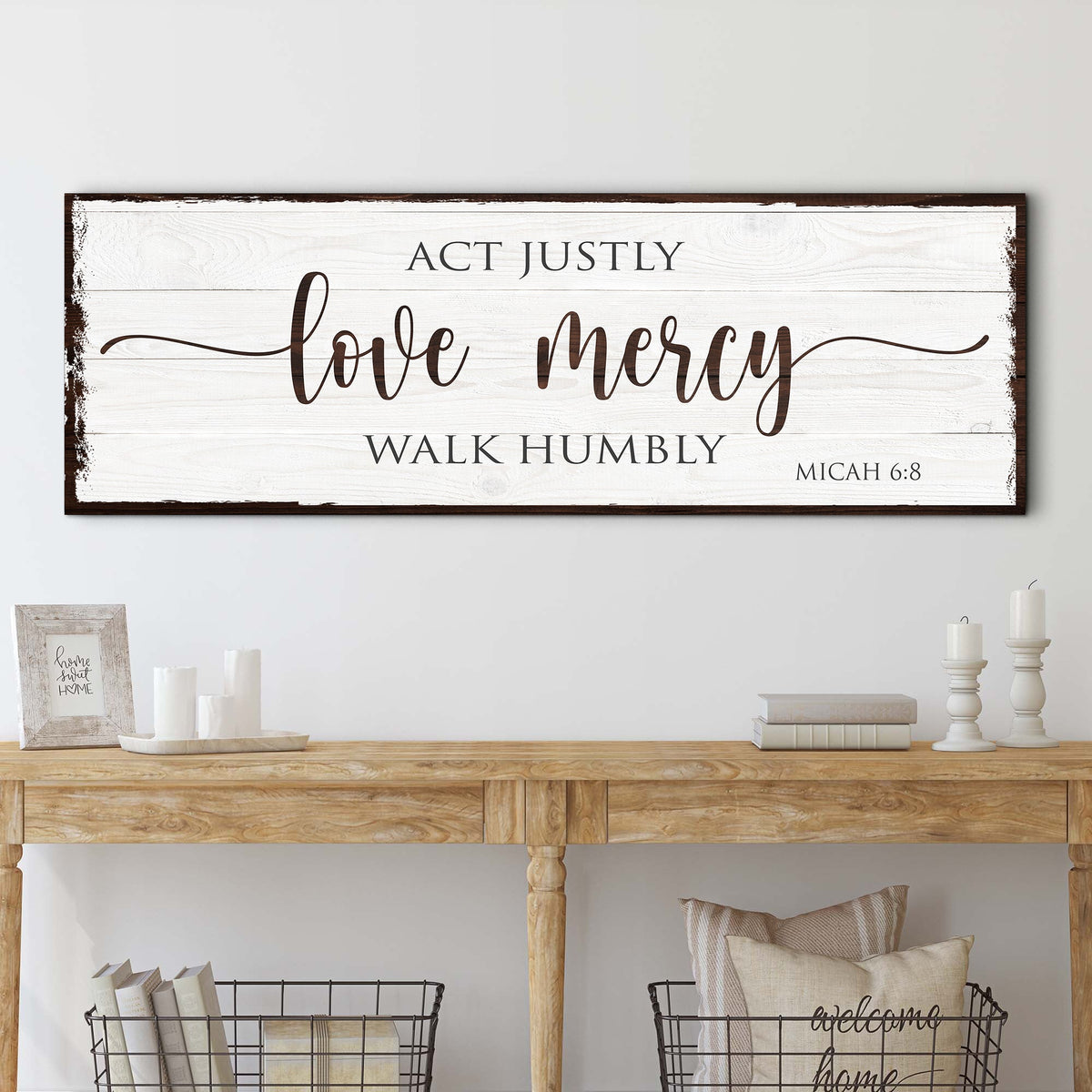 Act Justly Love Mercy Walk Humbly Faith Sign II canvas whitewashed wood panel with brown trim on Tampa Home & Garden Store