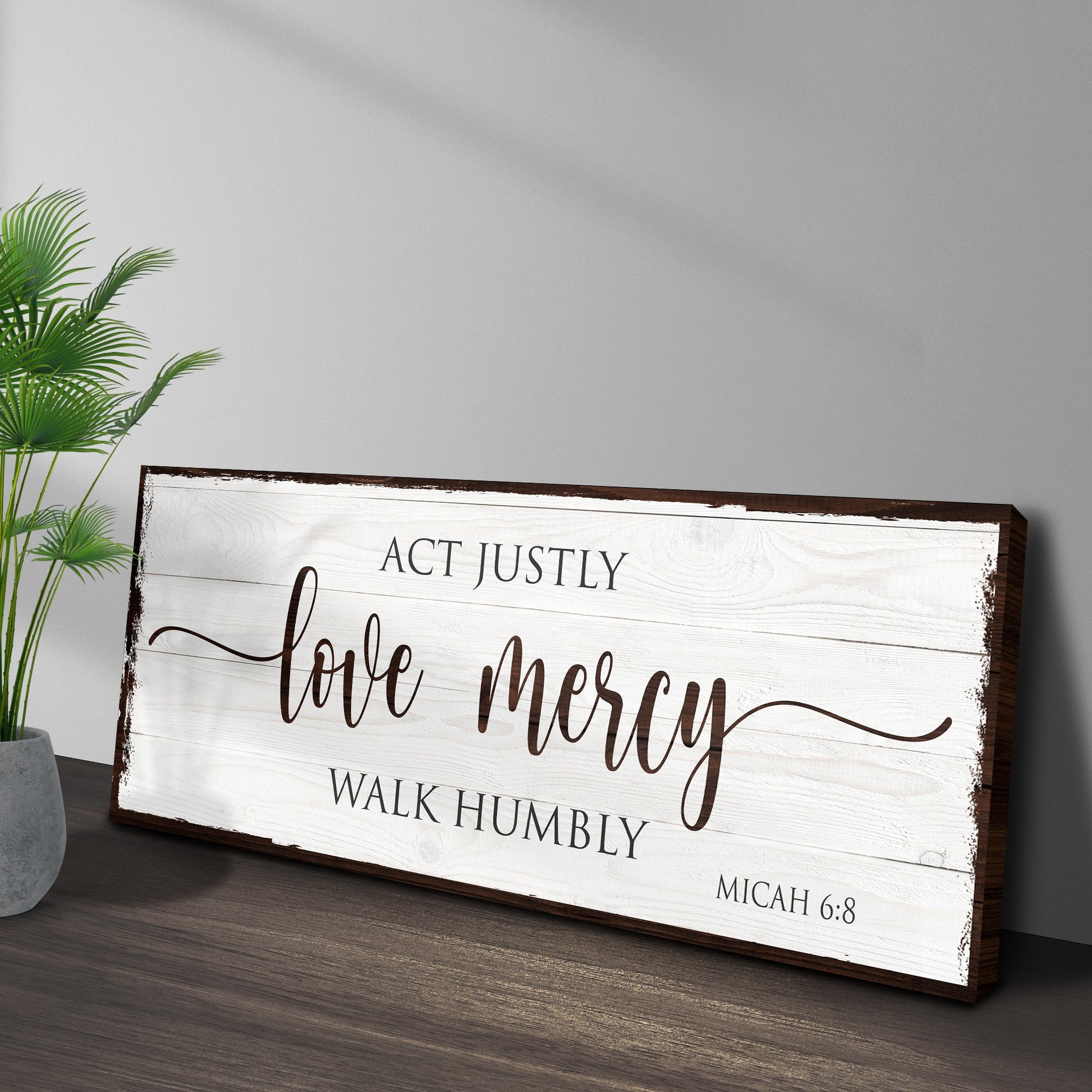 Act Justly Love Mercy Walk Humbly Faith Sign II canvas with white panel and black script on Tampa Home & Garden Store