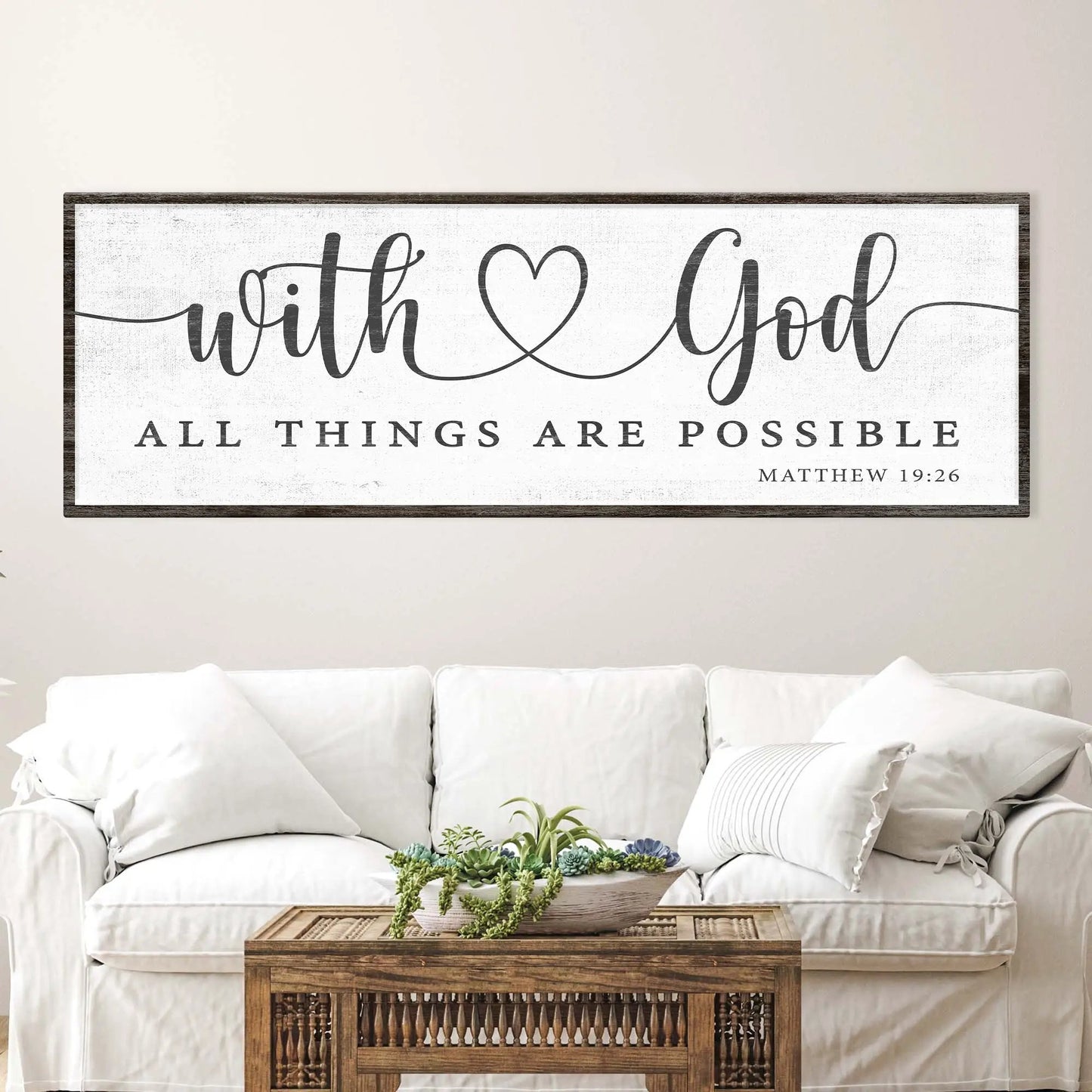 Faith Sign IV canvas by Tailored Canvases white background and black script on dark wood frame on Tampa Home & Garden Store