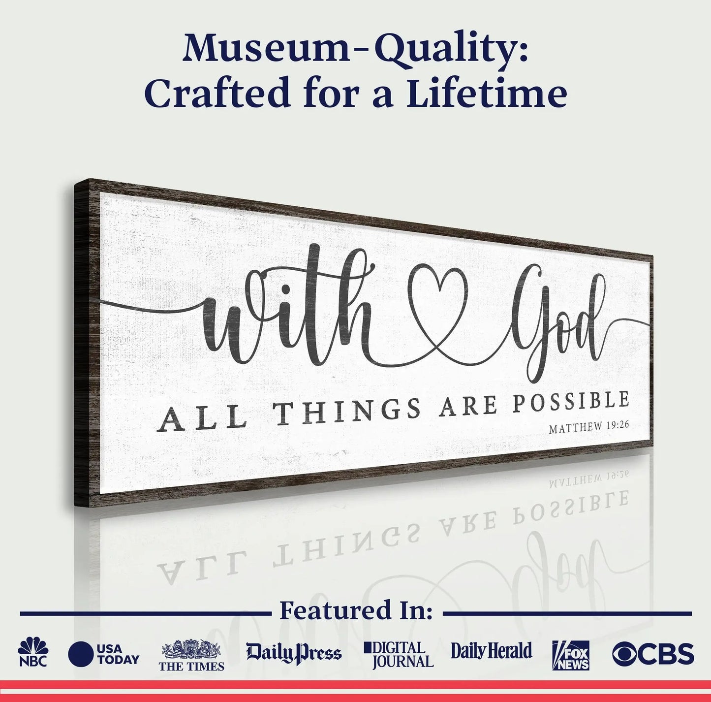 With God All Things Possible Faith Sign IV canvas by Tailored Canvases, cream textured canvas in dark wood frame on Tampa Home & Garden Store