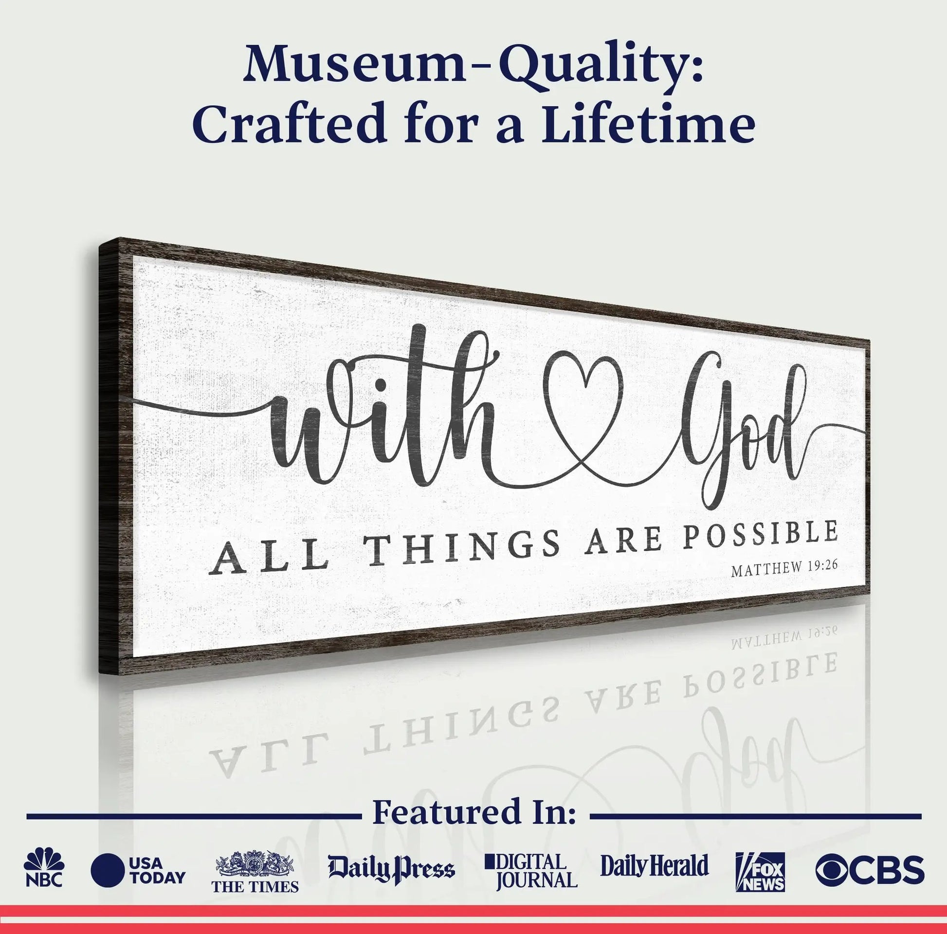 With God All Things Possible Faith Sign IV canvas by Tailored Canvases, cream textured canvas in dark wood frame on Tampa Home & Garden Store