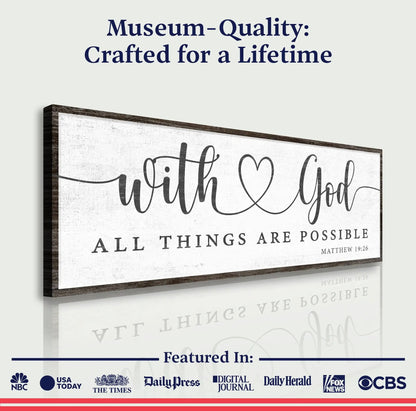 With God All Things Possible Faith Sign IV canvas by Tailored Canvases, cream textured canvas in dark wood frame on Tampa Home & Garden Store