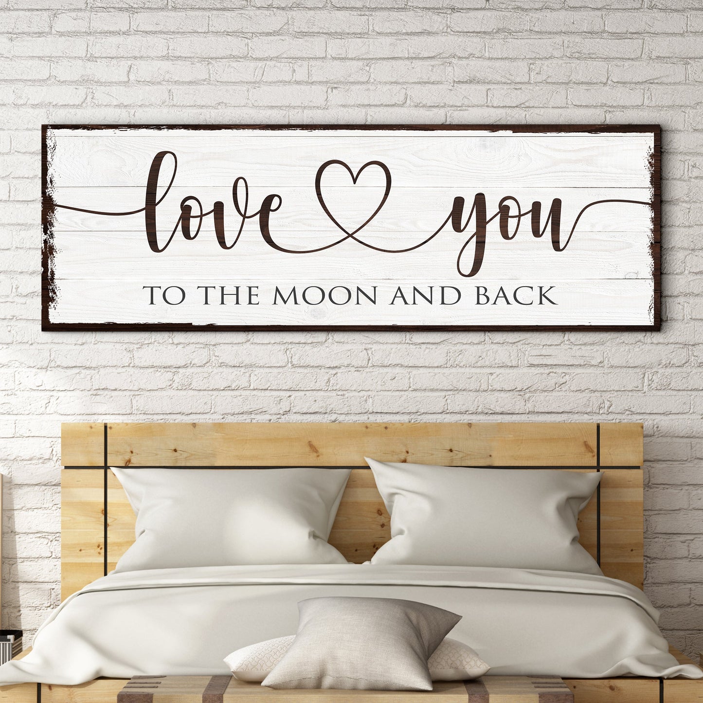 Love You To The Moon And Back Sign canvas with distressed white wood plank frame on Tampa Home & Garden Store