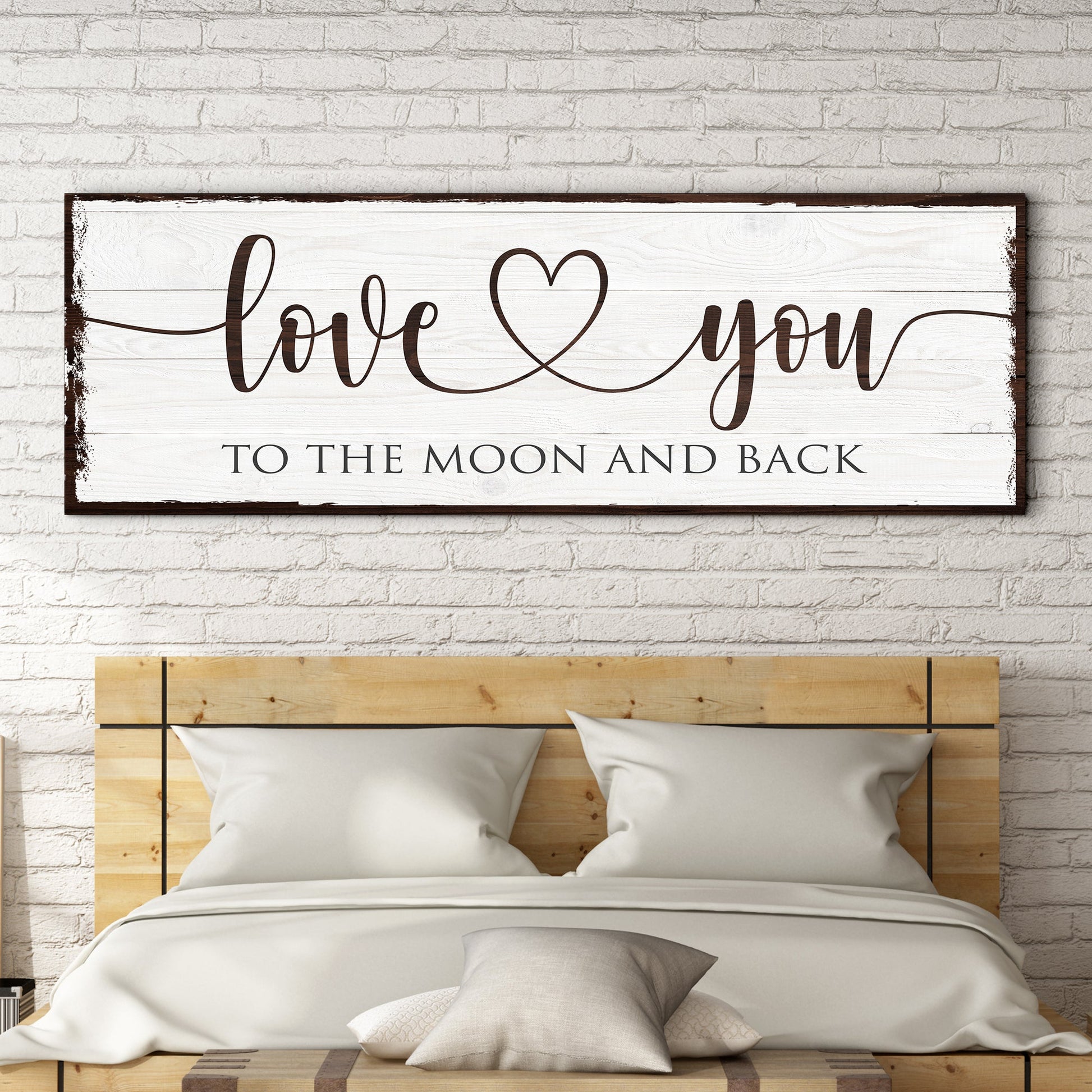 Love You To The Moon And Back Sign canvas with distressed white wood plank frame on Tampa Home & Garden Store