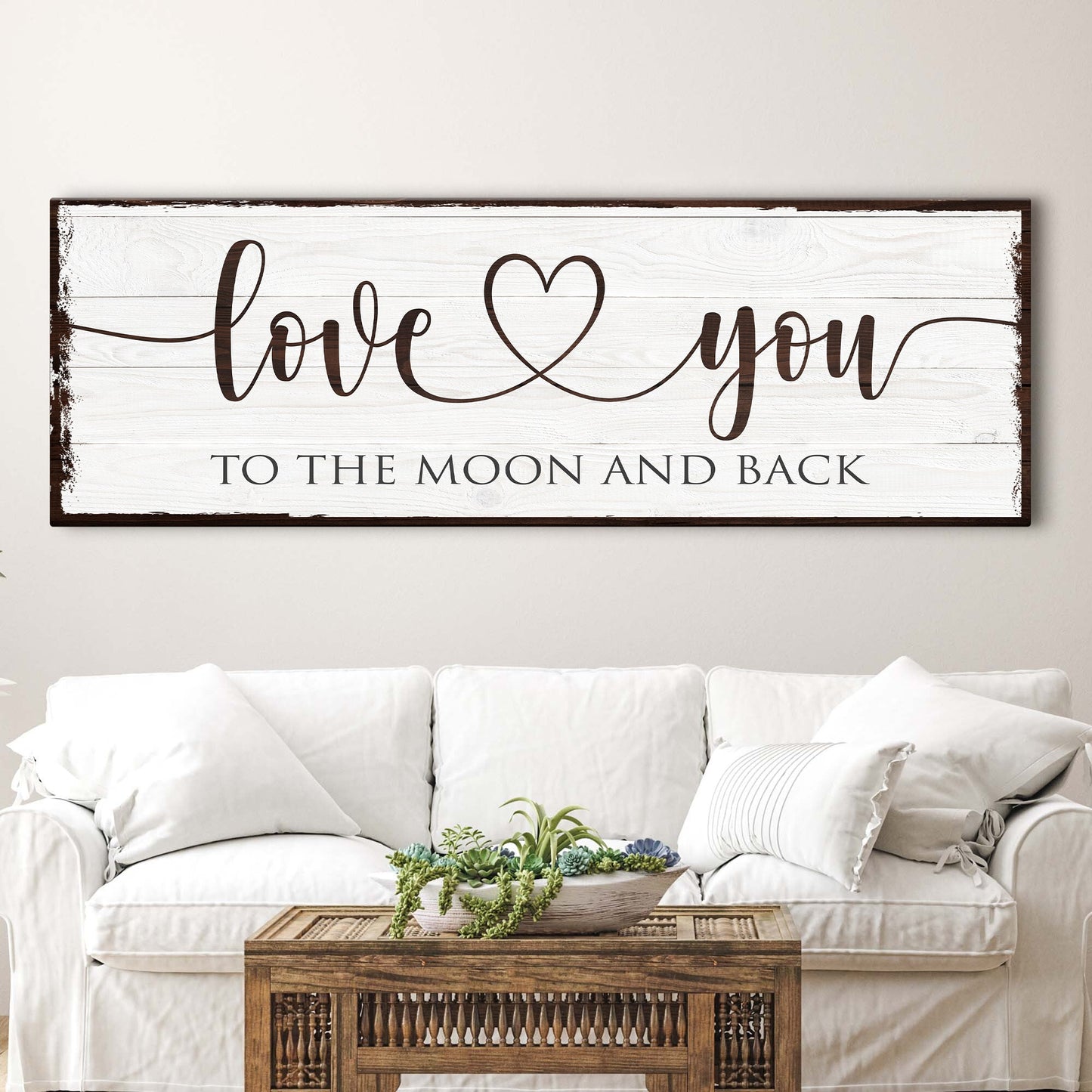 Love You To The Moon And Back canvas sign with whitewashed wood planks Tailored Canvases on Tampa Home & Garden Store