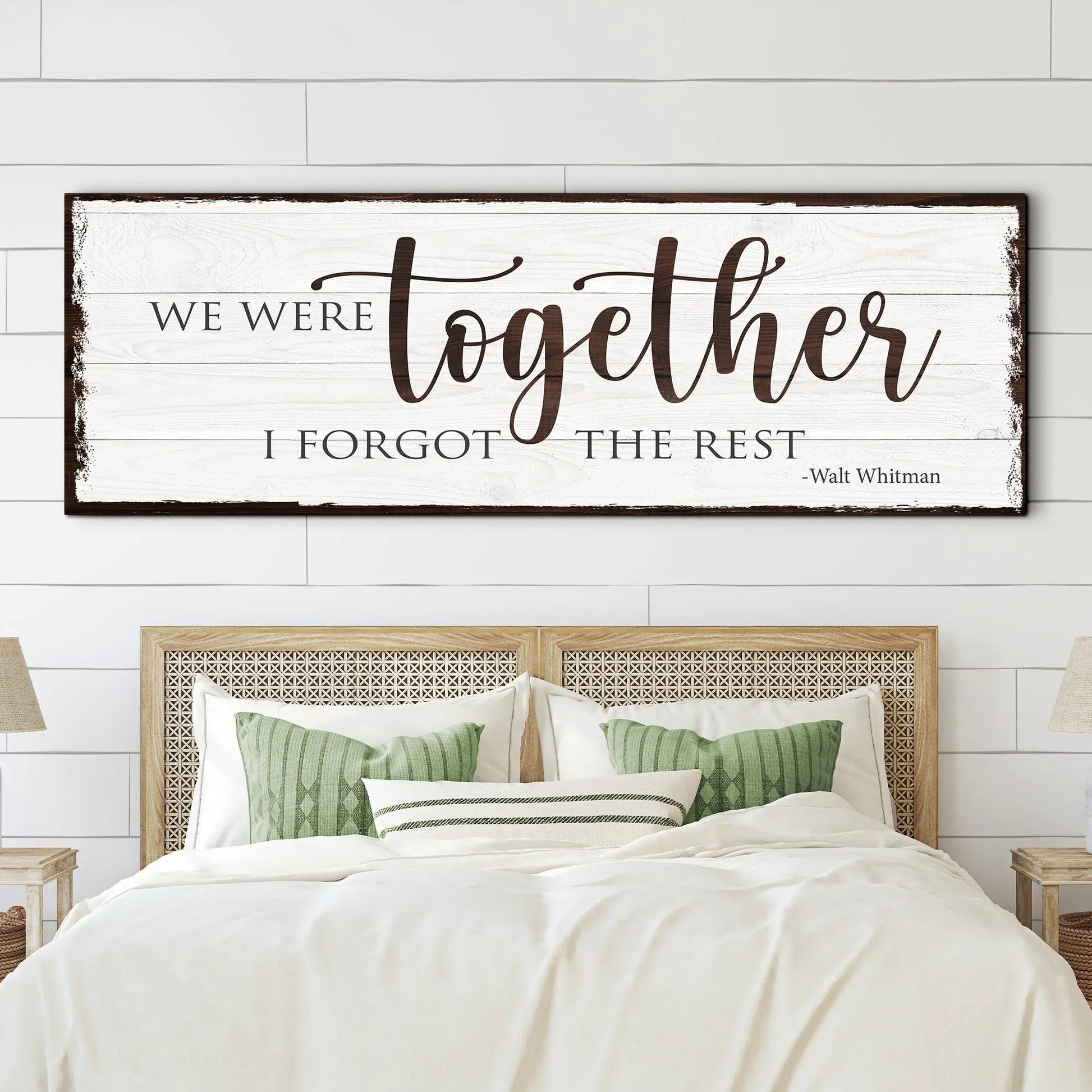 Canvas sign with whitewashed backdrop and brown script We Were Together I Forgot the Rest on Tampa Home & Garden Store