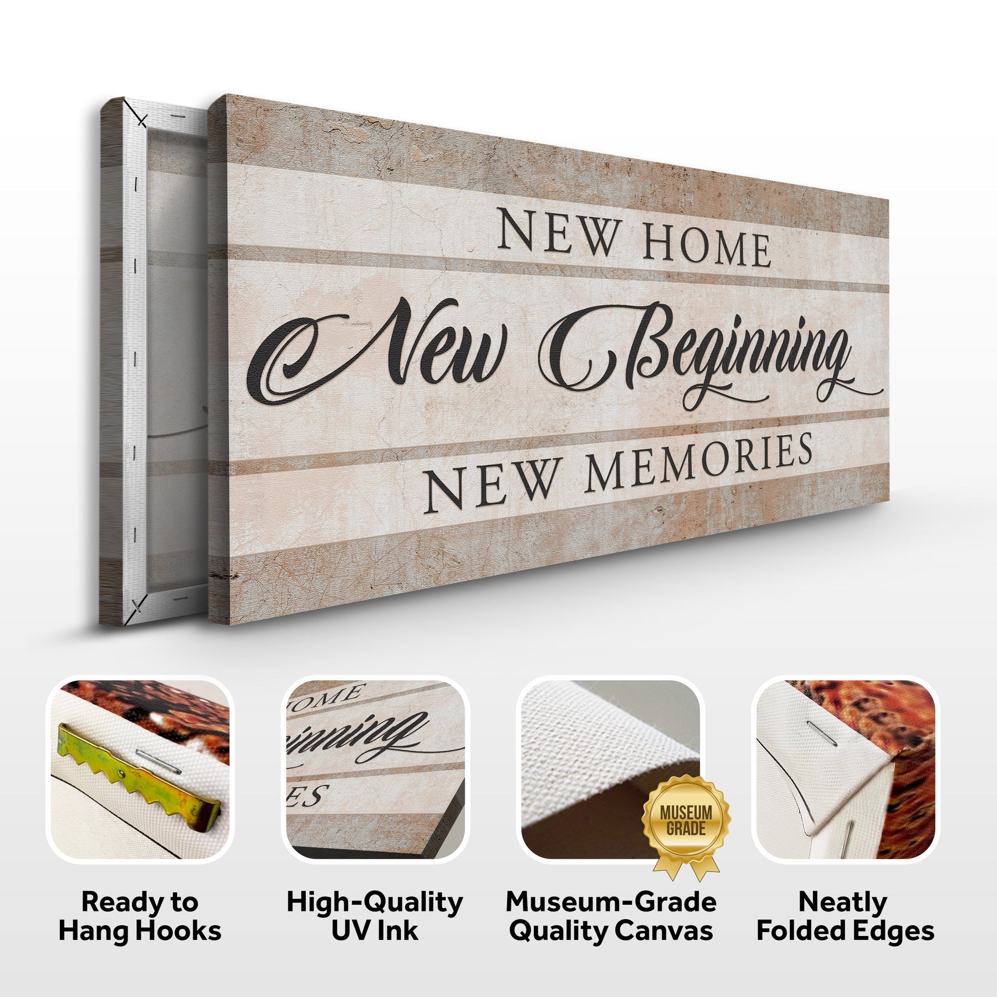 Canvas sign New Home New Beginning with beige stripes and script by Tailored Canvases on Tampa Home & Garden Store