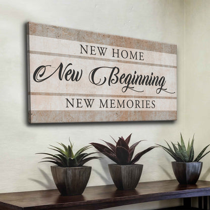 Canvas wall sign New Home New Beginning VI with beige striped background Tailored Canvases on Tampa Home & Garden Store